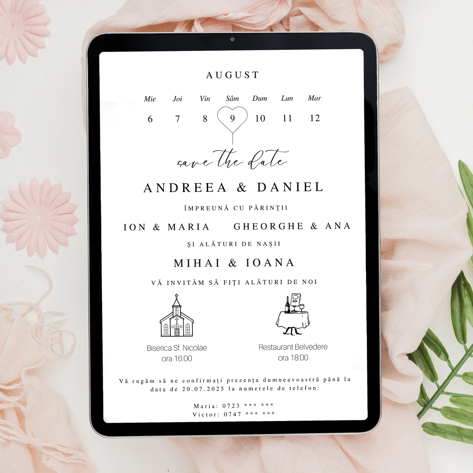 Invitații digitale nuntă - Invitație digitală de nuntă cu calendar
