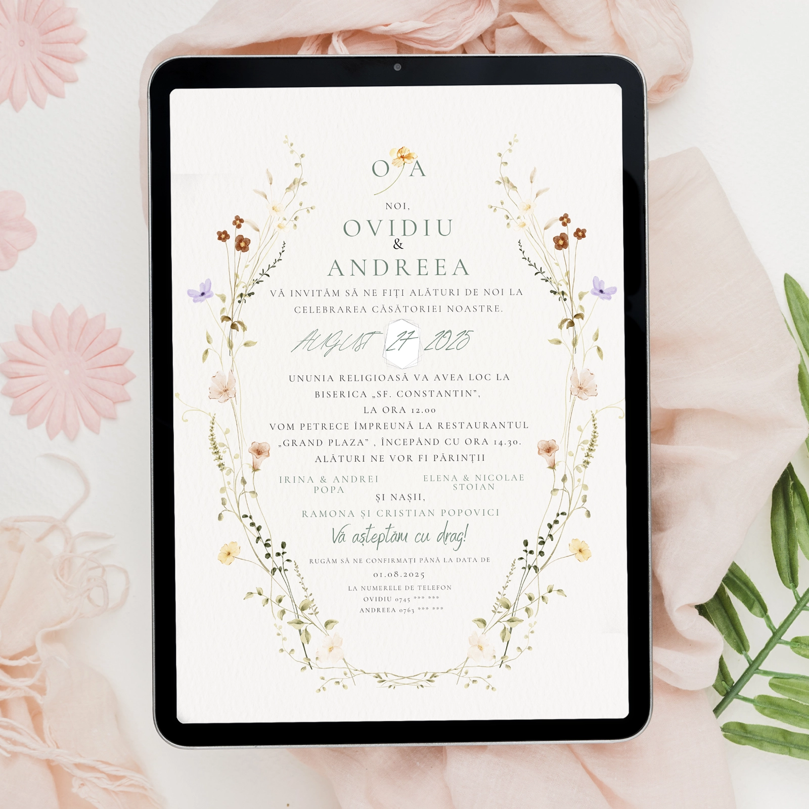 Invitații digitale nuntă - Invitație digitală de nuntă cu flori