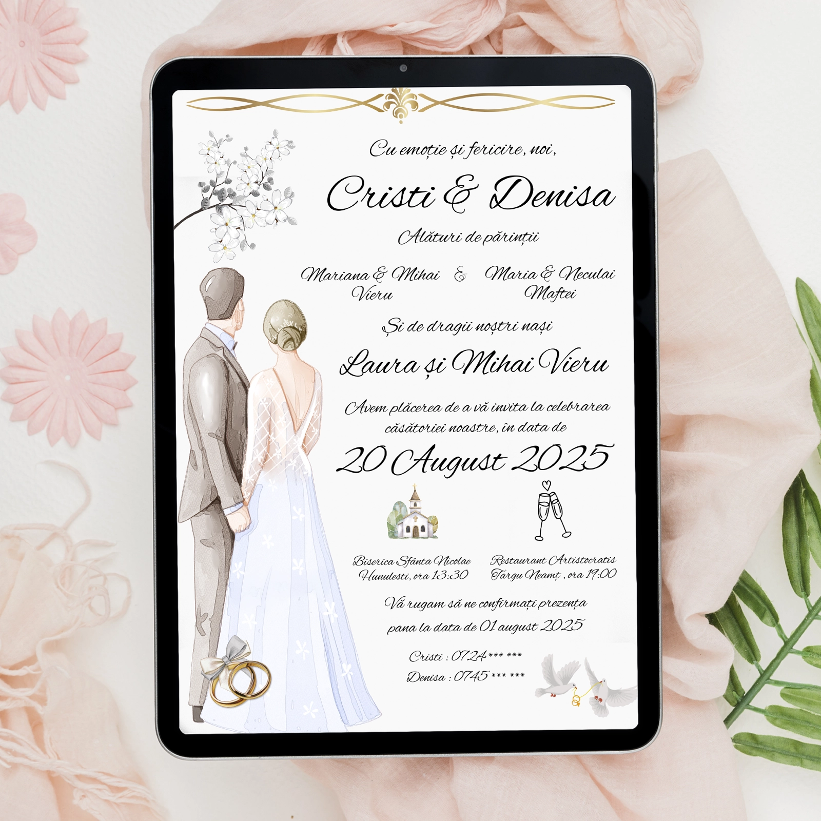 Invitații digitale nuntă - Invitație digitală de nuntă cu miri și inele