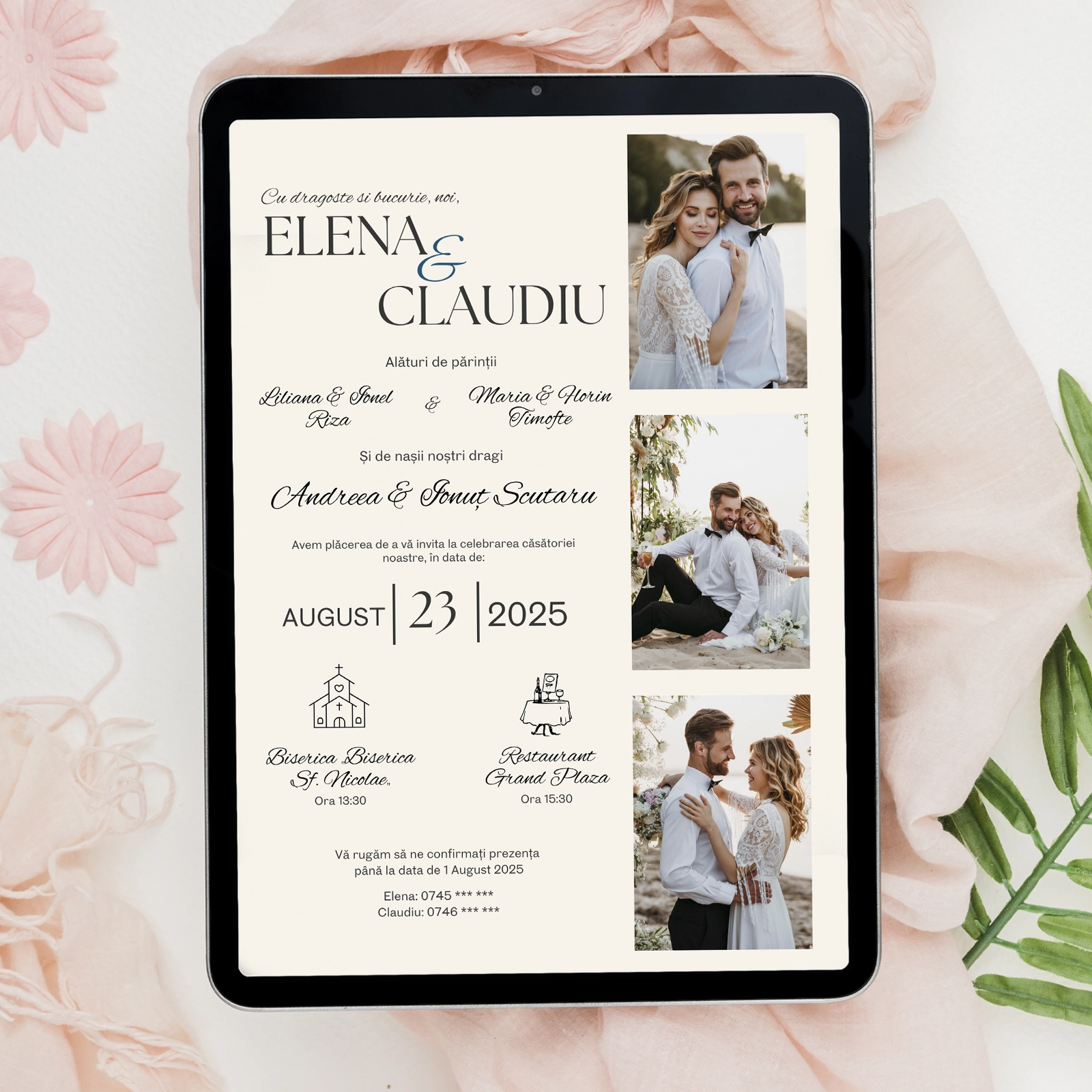 Invitații digitale nuntă - Invitație digitală de nuntă cu trei poze