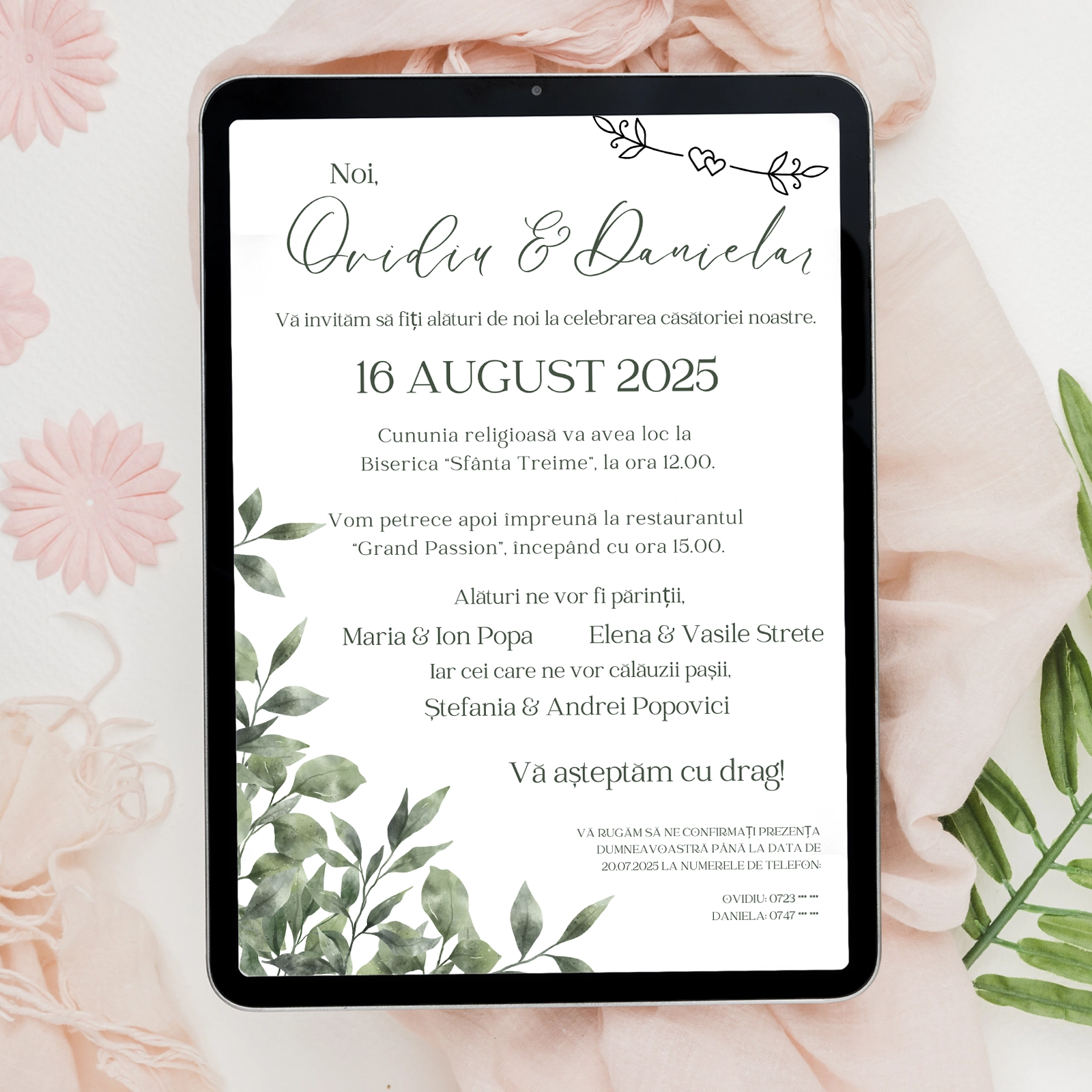 Invitații digitale nuntă - Invitație digitală de nuntă, design floral verde