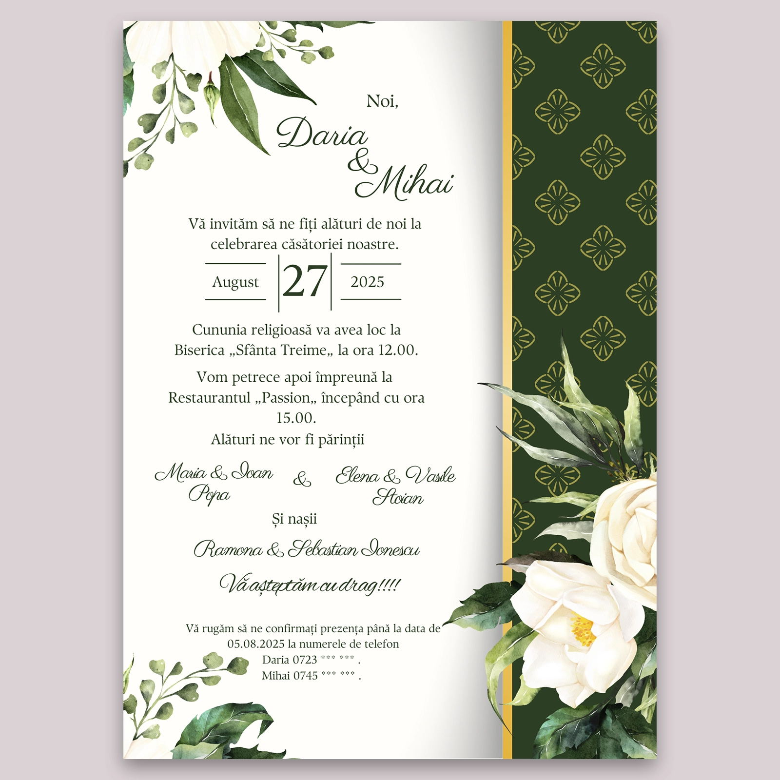 Invitație digitală de nuntă cu flori albe, fundal verde smarald și design elegant personalizat [1]