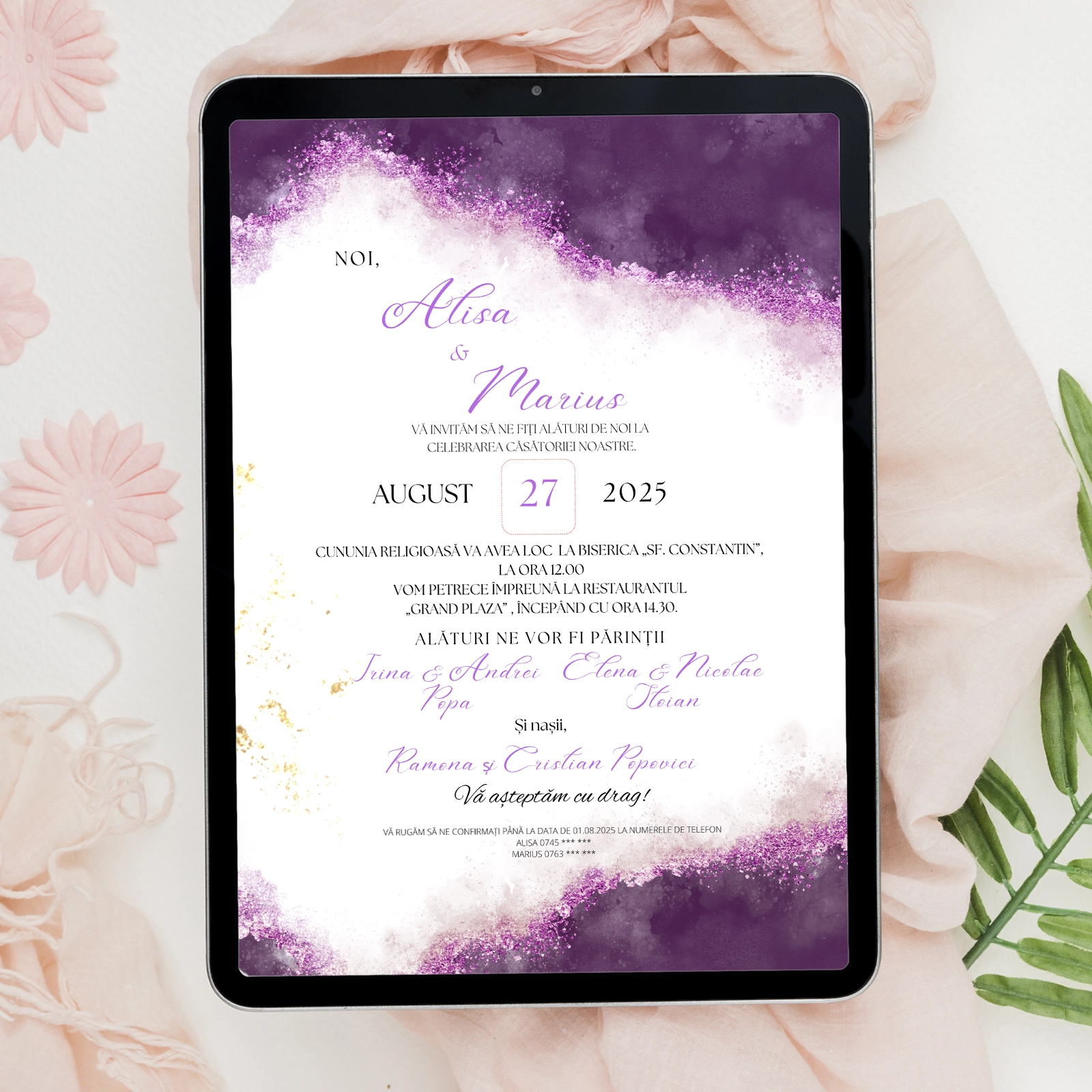Invitații digitale nuntă - Invitație digitală de nuntă, modernă, culoare mov