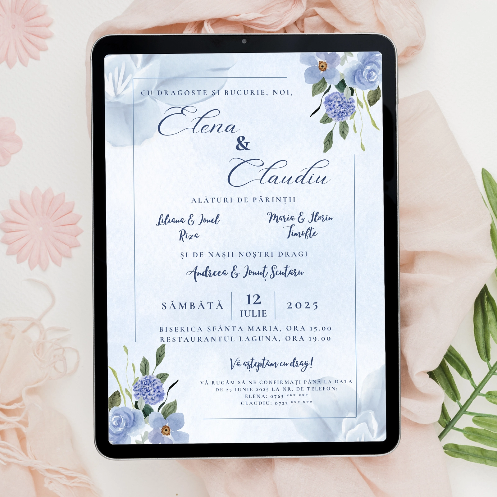 Invitații digitale nuntă - Invitație digitală, design floral albastru