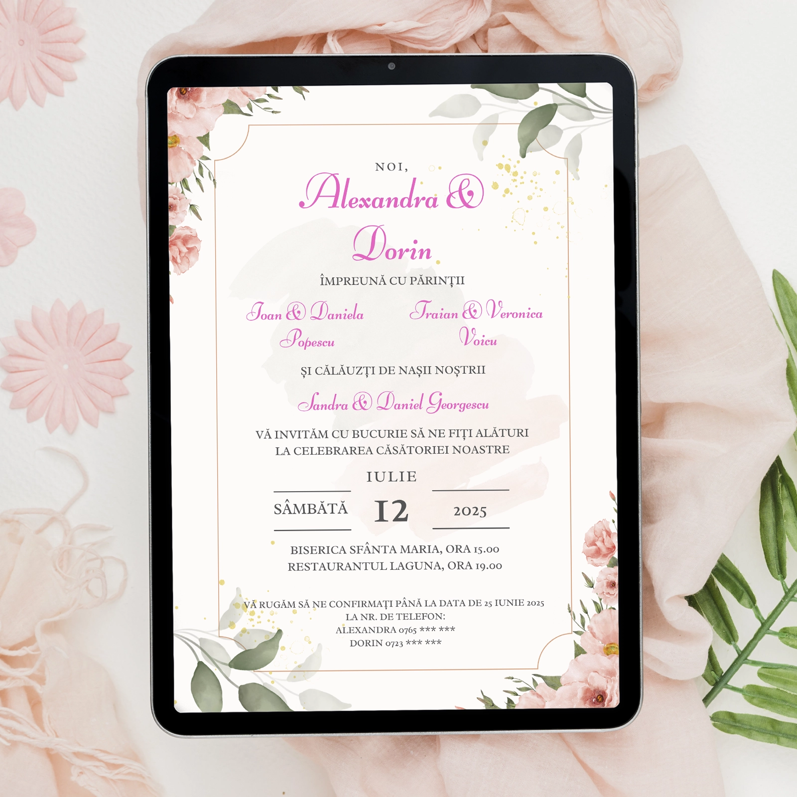 Invitații digitale nuntă - Invitație digitală, design floral roz