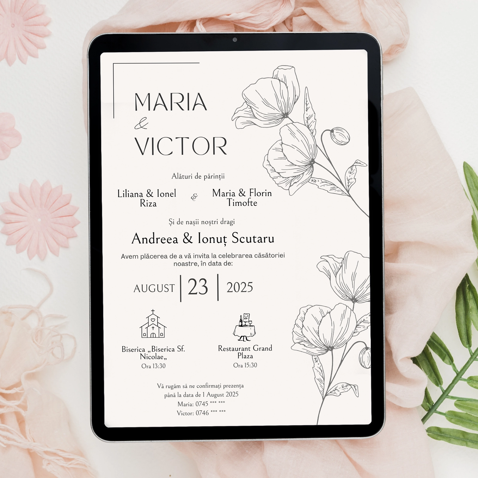 Invitații digitale nuntă - Invitație digitală nuntă cu flori
