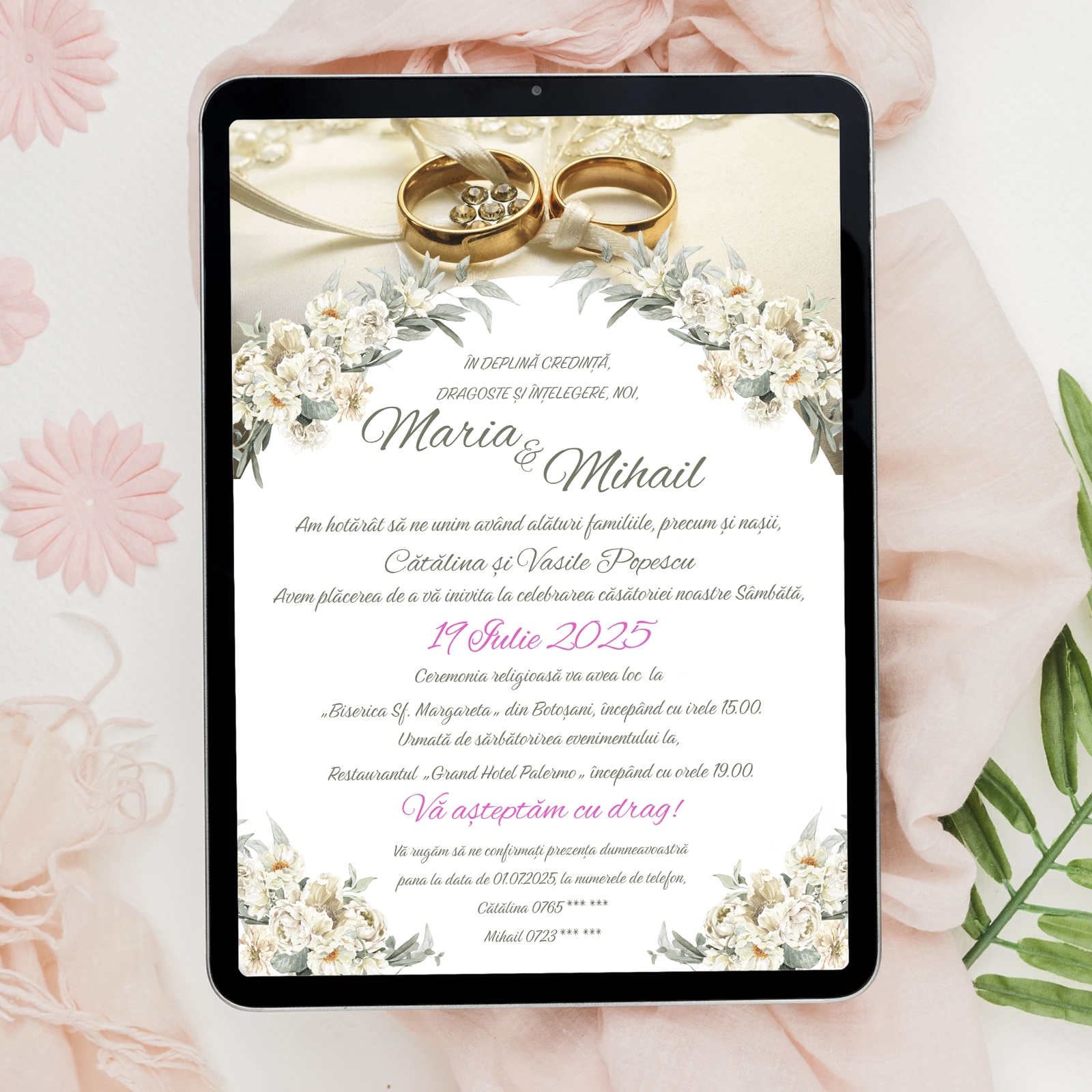 Invitații digitale nuntă - Invitație digitală nuntă, design floral cu inele