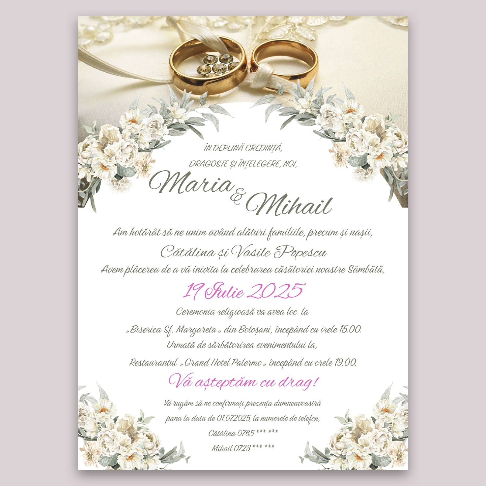 Invitație digitală nuntă, design floral cu inele [1]