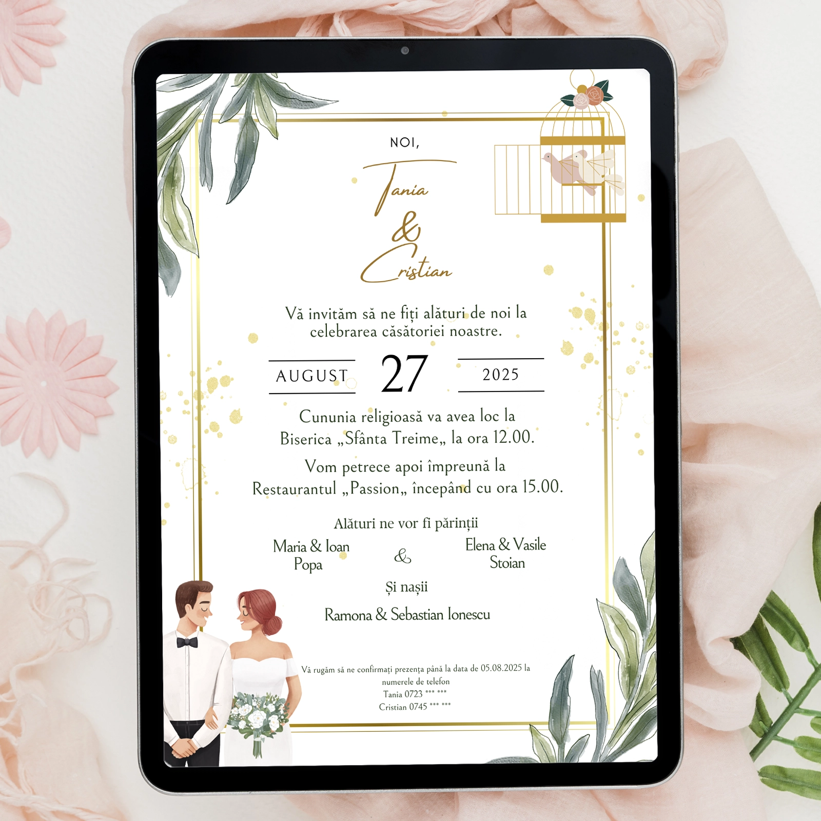 Invitații digitale nuntă - Invitație digitală nuntă, design floral cu miri
