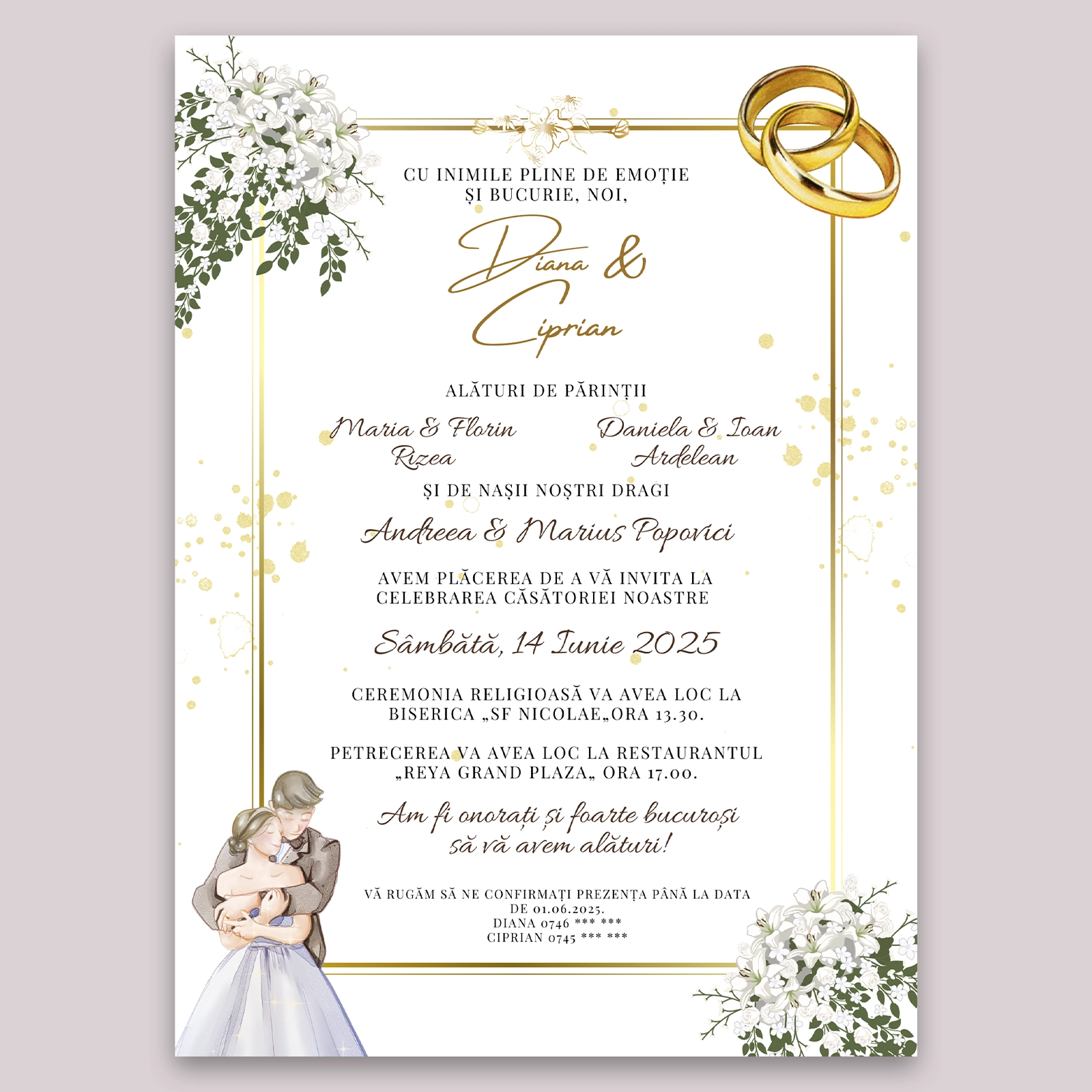Invitație digitală nuntă, design floral cu miri și inele [1]