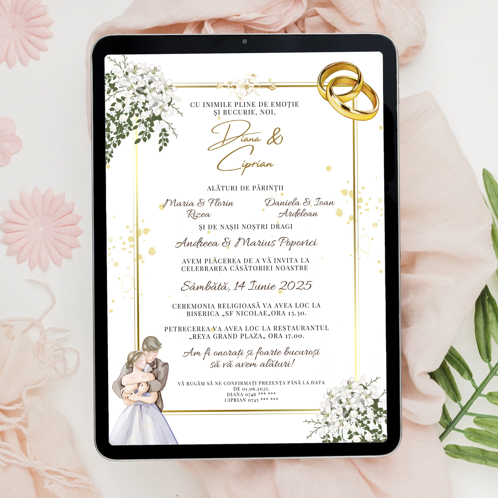 Invitații digitale nuntă - Invitație digitală nuntă, design floral cu miri și inele