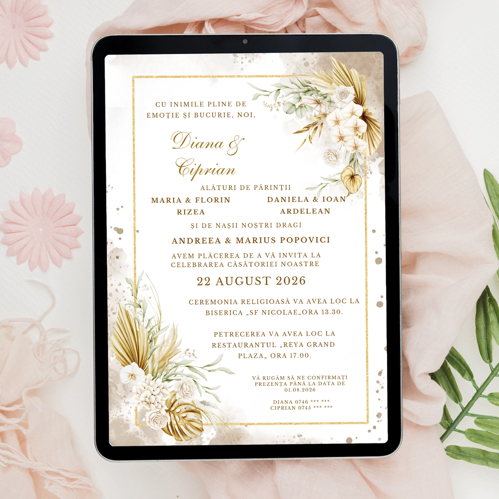 Invitații digitale nuntă - Invitație digitală nuntă, design floral, toamnă