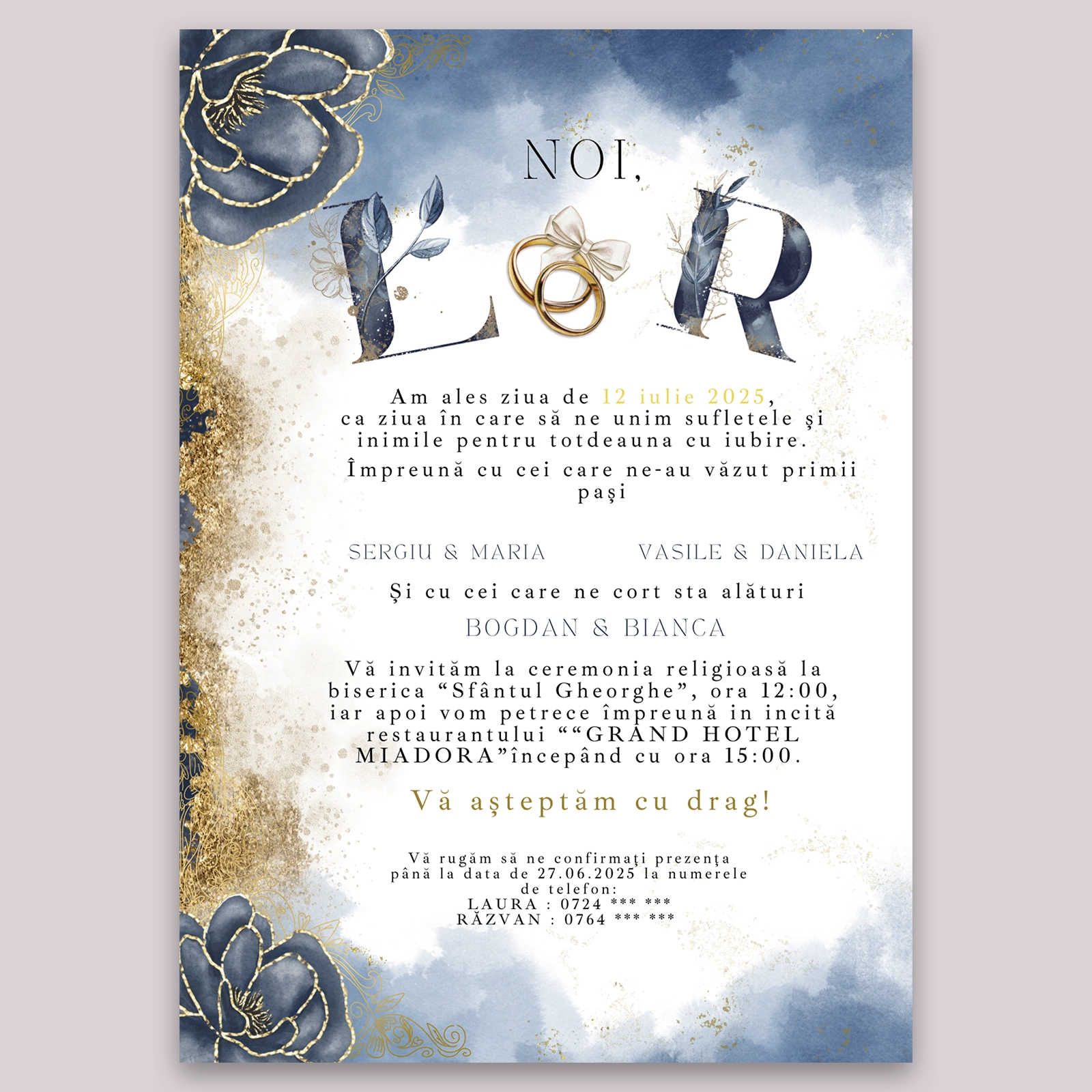 Invitație digitală nuntă, design modern, culoare albastră [1]