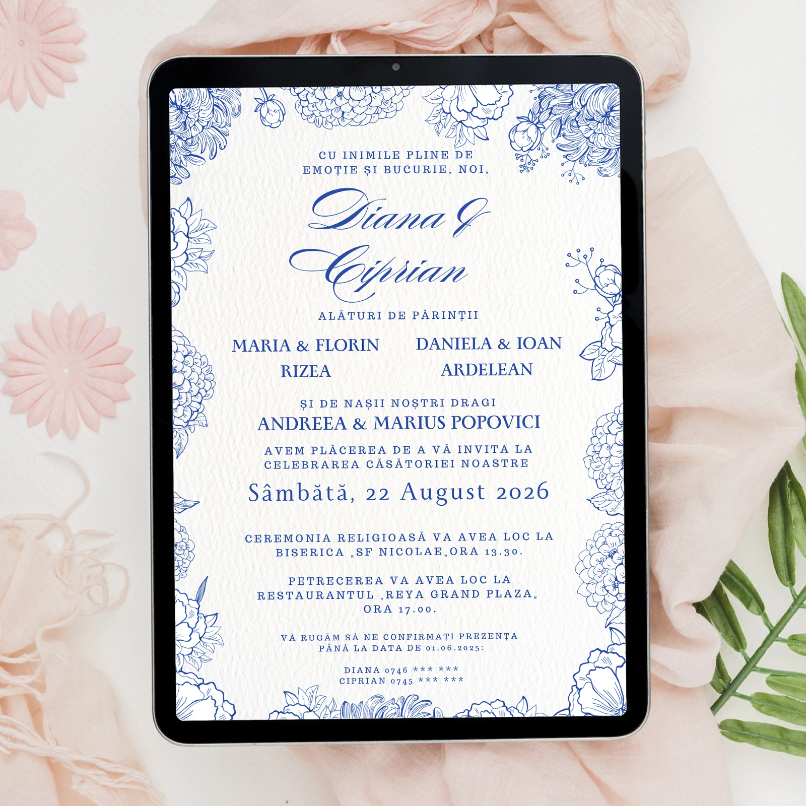 Invitații digitale nuntă - Invitație digitală nuntă model floral albastru