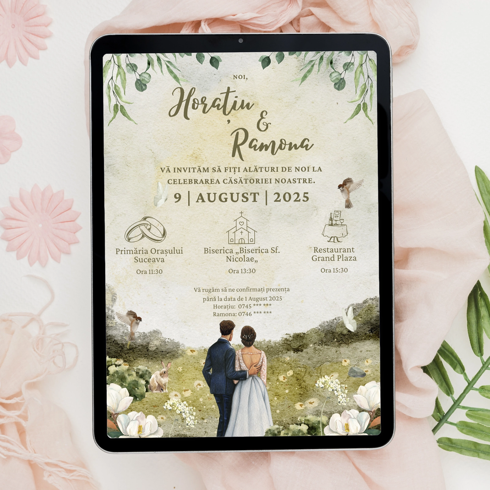 Invitații digitale nuntă - Invitație digitală nuntă, peisaj cu miri