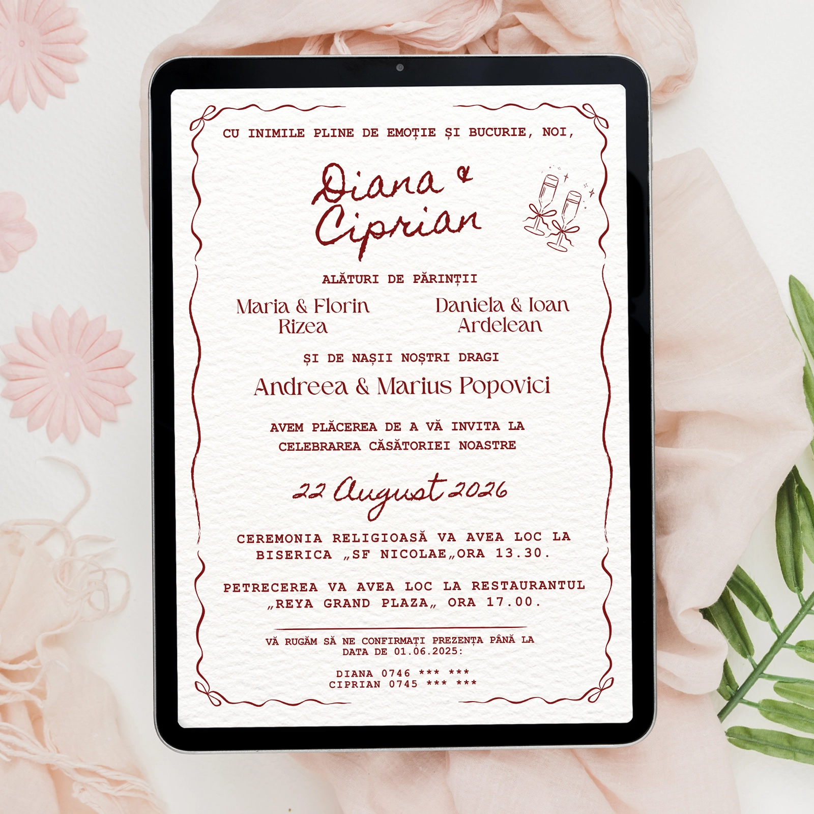 Nuntă - Invitație digitală nuntă, stil caligrafic elegant