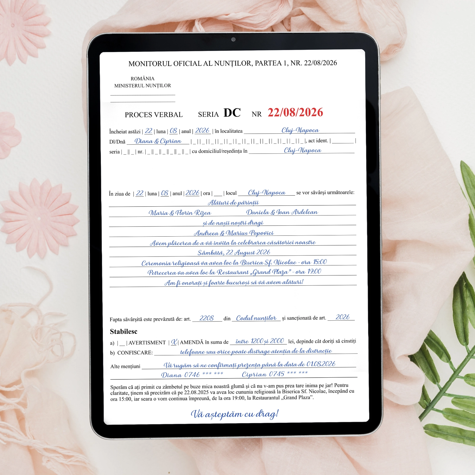 Invitații digitale nuntă - Invitație digitală nuntă tip proces verbal/amendă/citație