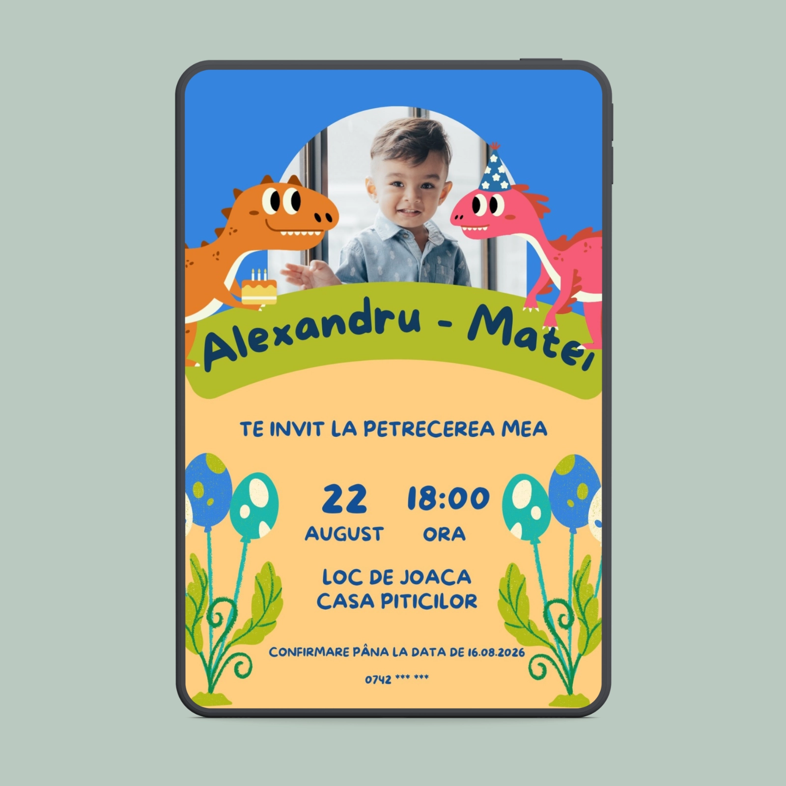 Zi de naștere - Invitație digitală zi de naștere cu dinozauri