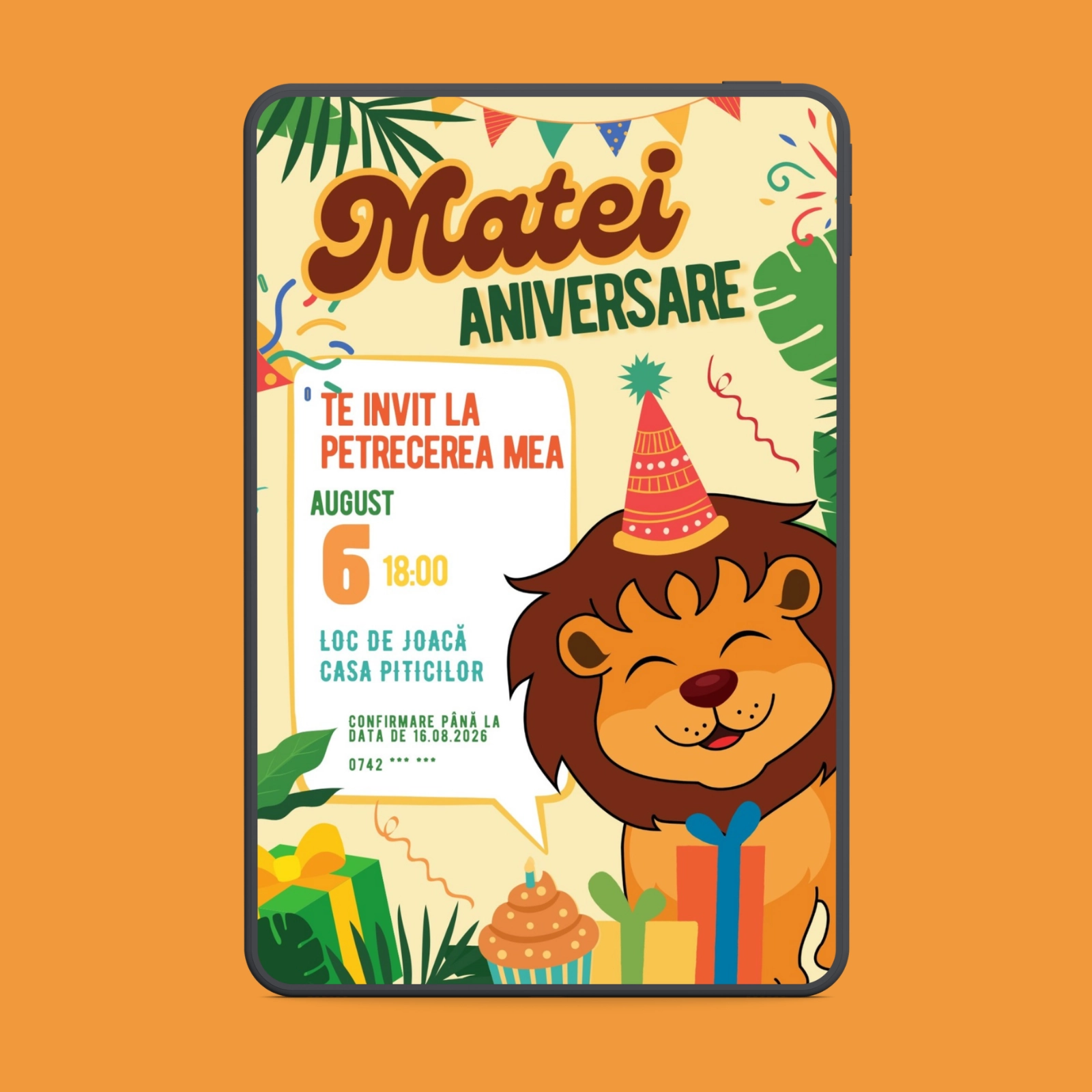 Zi de naștere - Invitație digitală zi de naștere cu leu