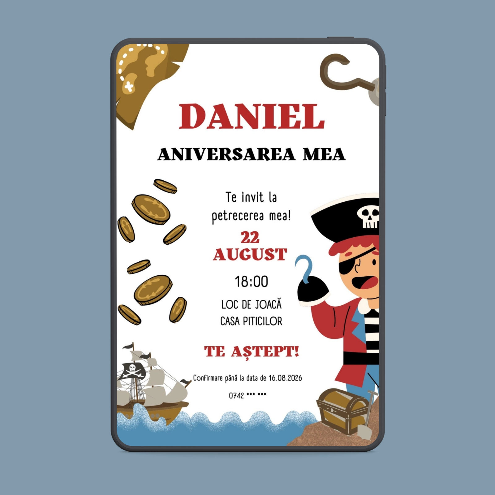 Invitații digitale zi de naștere - Invitație digitală zi de naștere cu pirat