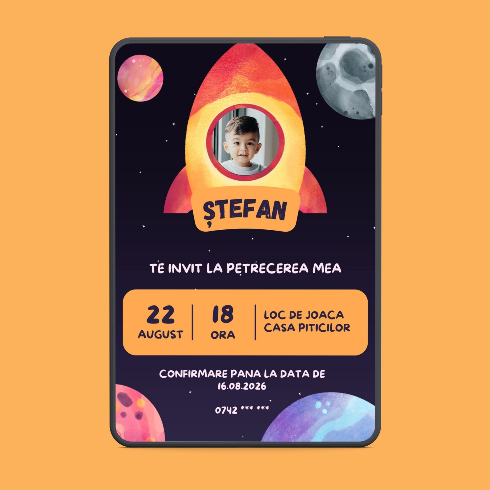 Zi de naștere - Invitație digitală zi de naștere cu rachetă