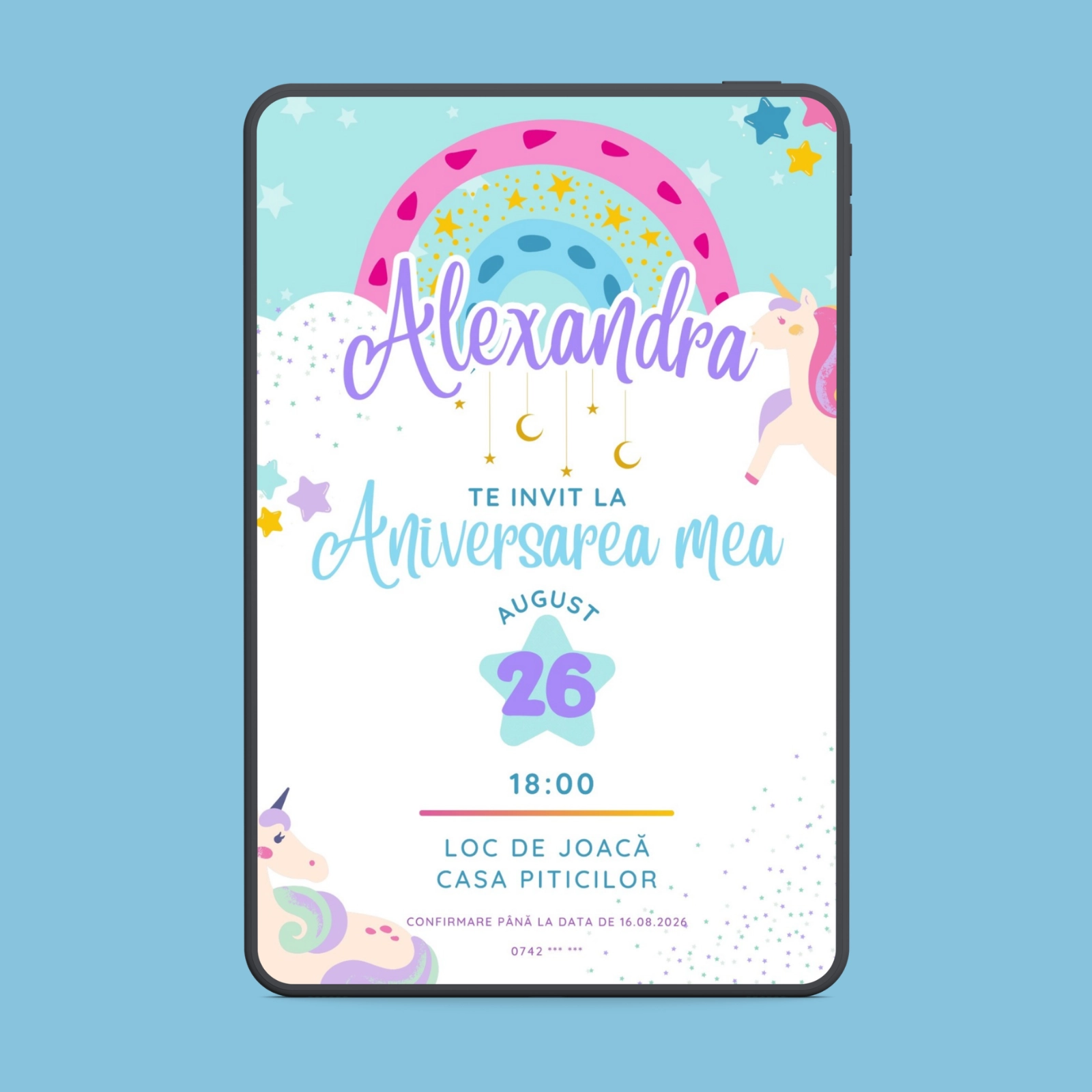 Zi de naștere - Invitație digitală zi de naștere cu unicorn