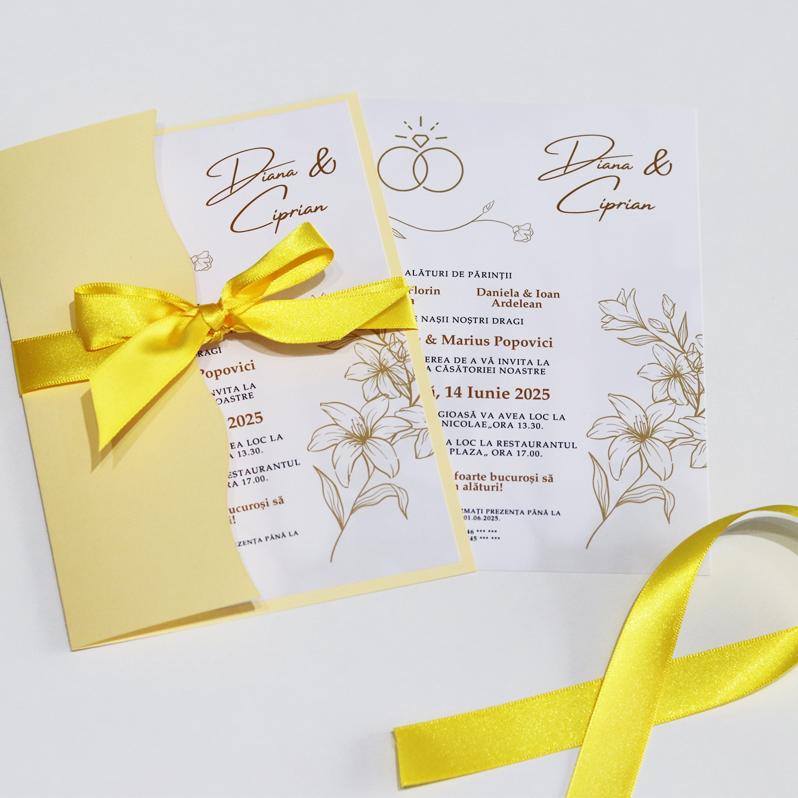 Invitații nuntă - Invitație nuntă cu inele, plic și panglică ✨ Bright Invitation