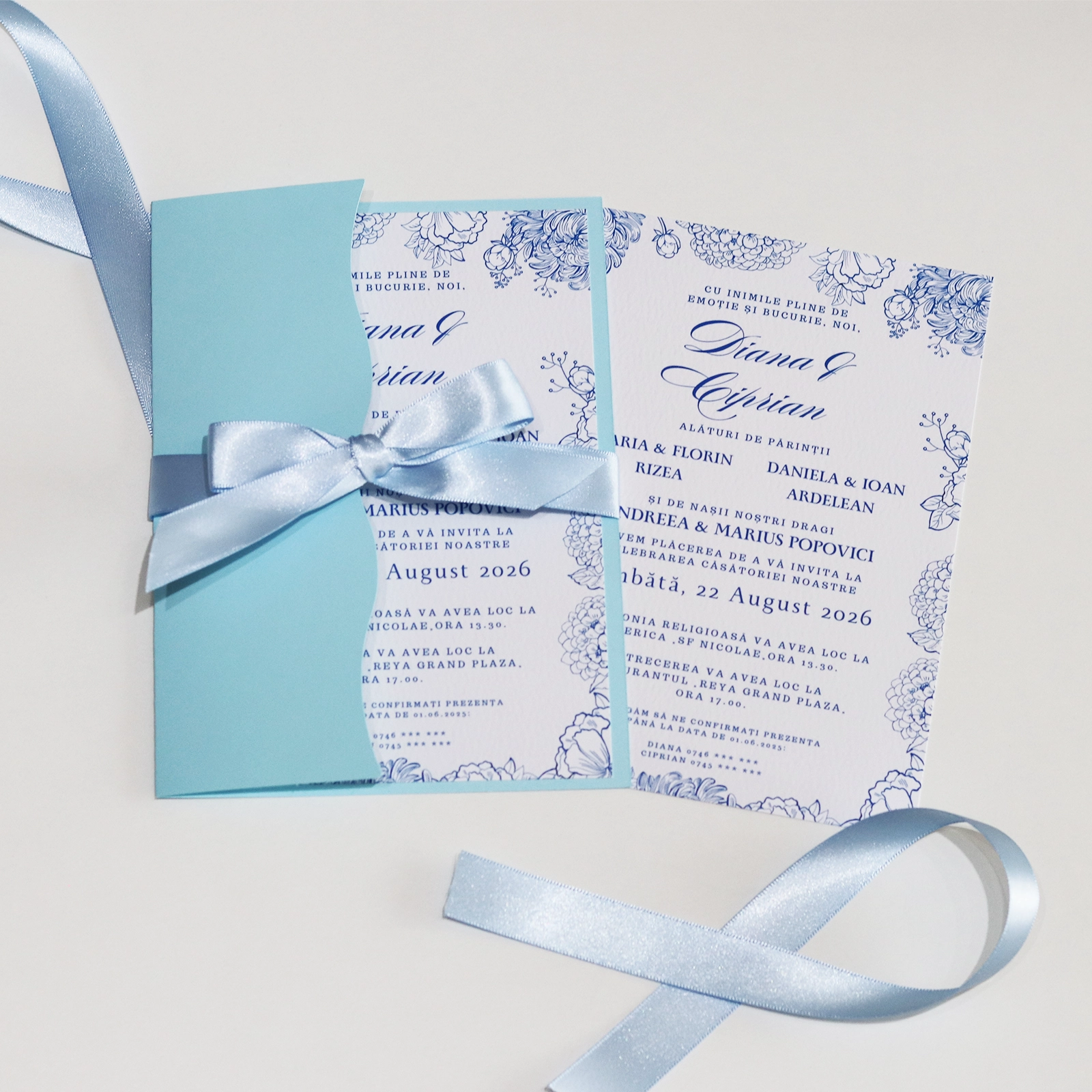 Invitații nuntă - Invitație nuntă, model floral albastru cu plic