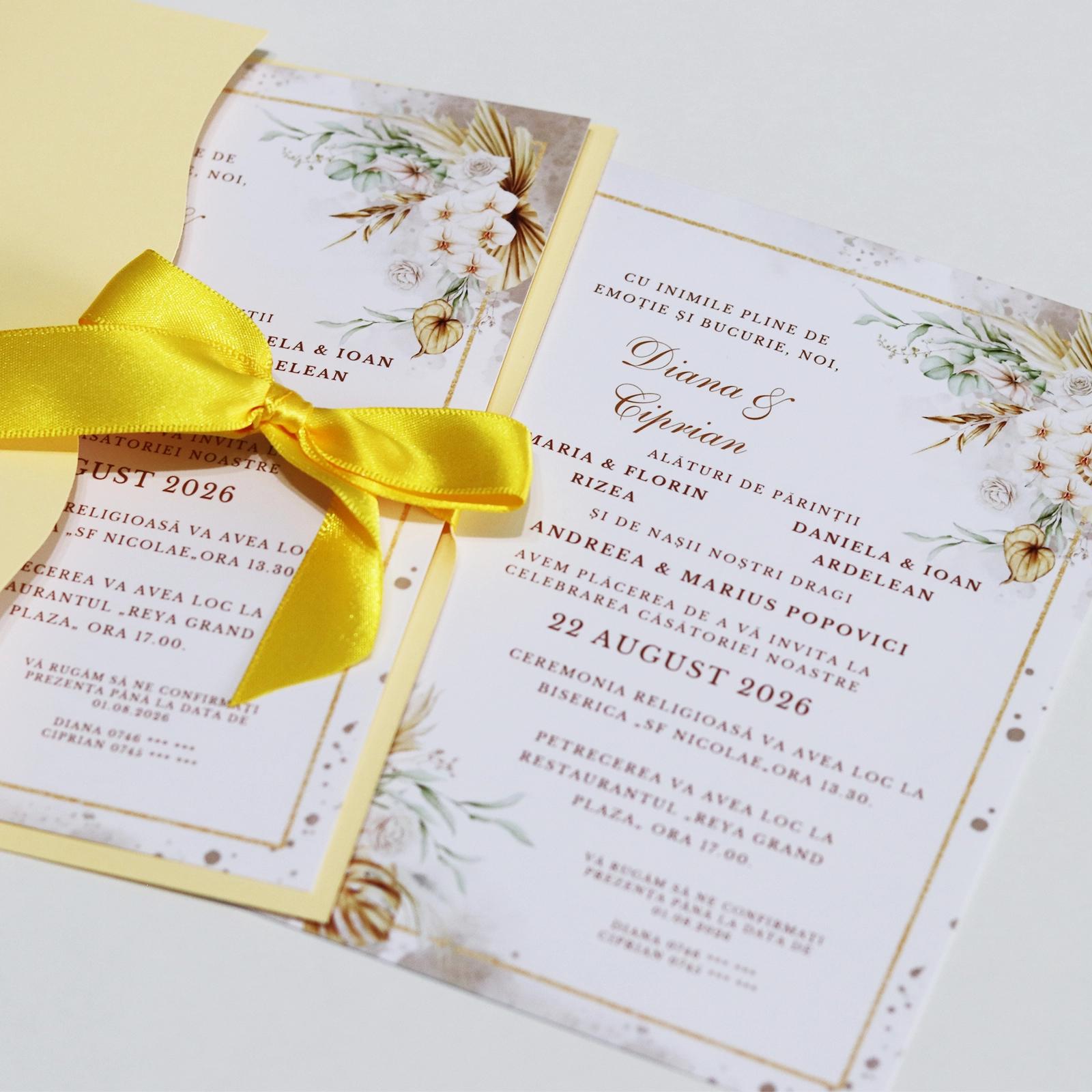 Invitații nuntă - Invitație nuntă, model floral cu plic și panglică