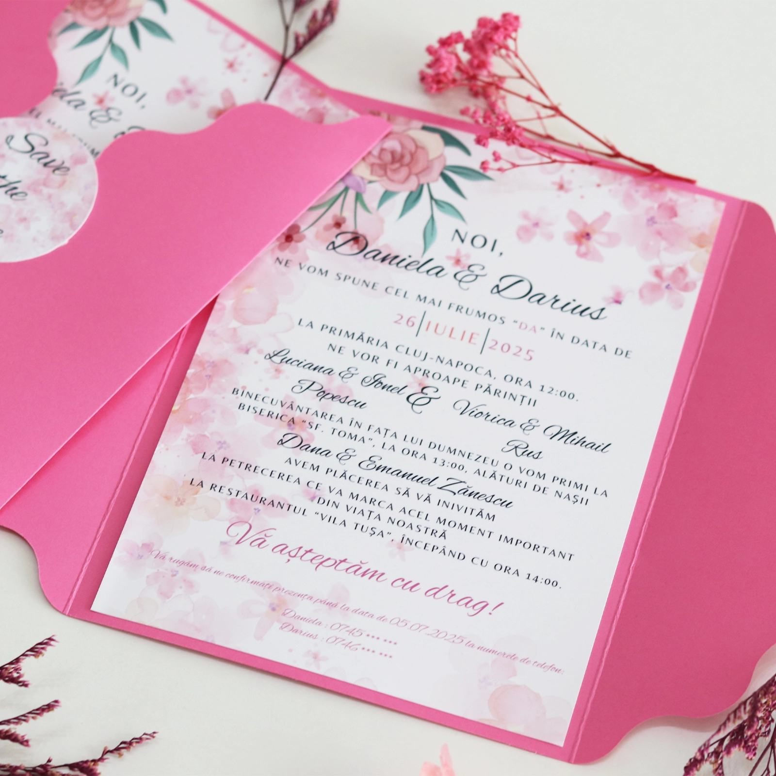 Invitație nuntă model floral roz cu plic [1]