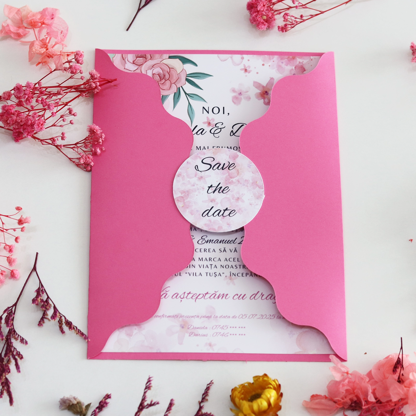 Invitație nuntă model floral roz cu plic [5]