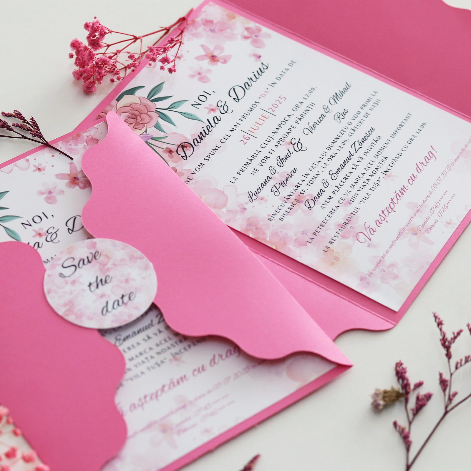 Invitație nuntă model floral roz cu plic [3]