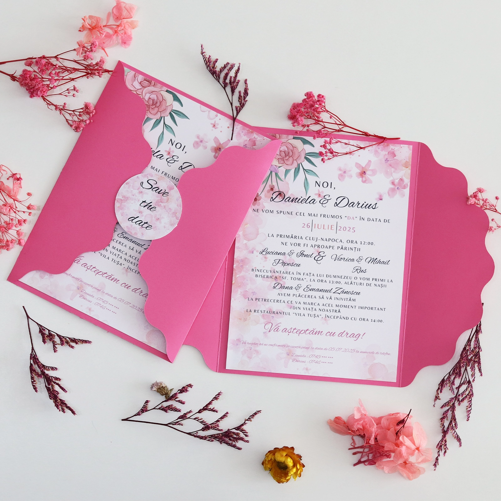 Invitații nuntă - Invitație nuntă model floral roz cu plic