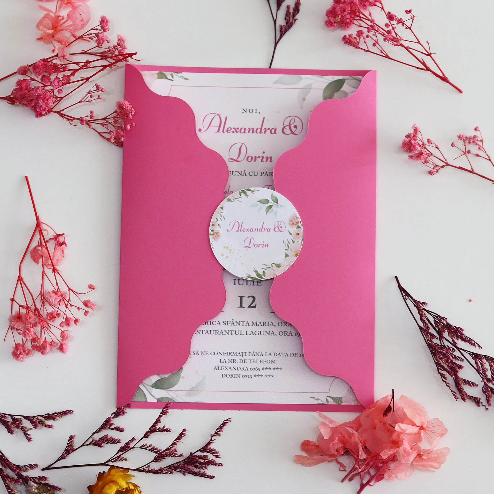 Invitație nuntă roz cu plic și sticker [5]