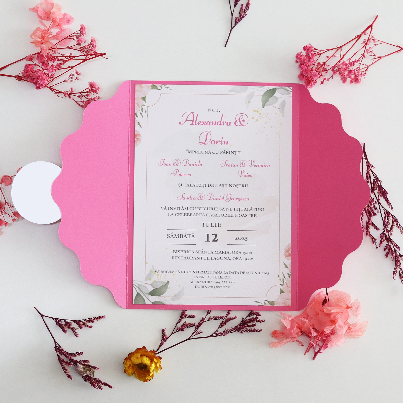 Invitație nuntă roz cu plic și sticker [3]