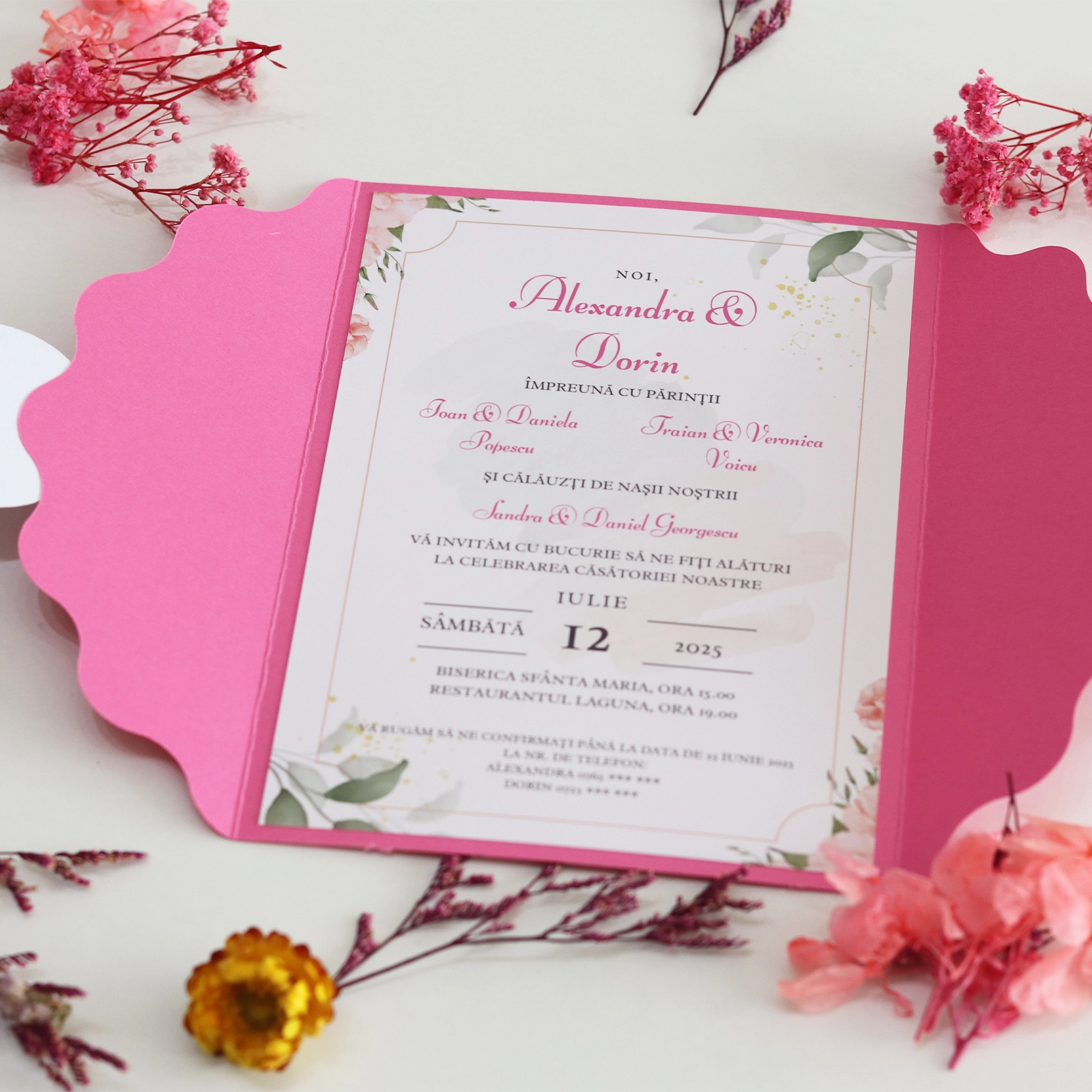 Invitație nuntă roz cu plic și sticker [4]