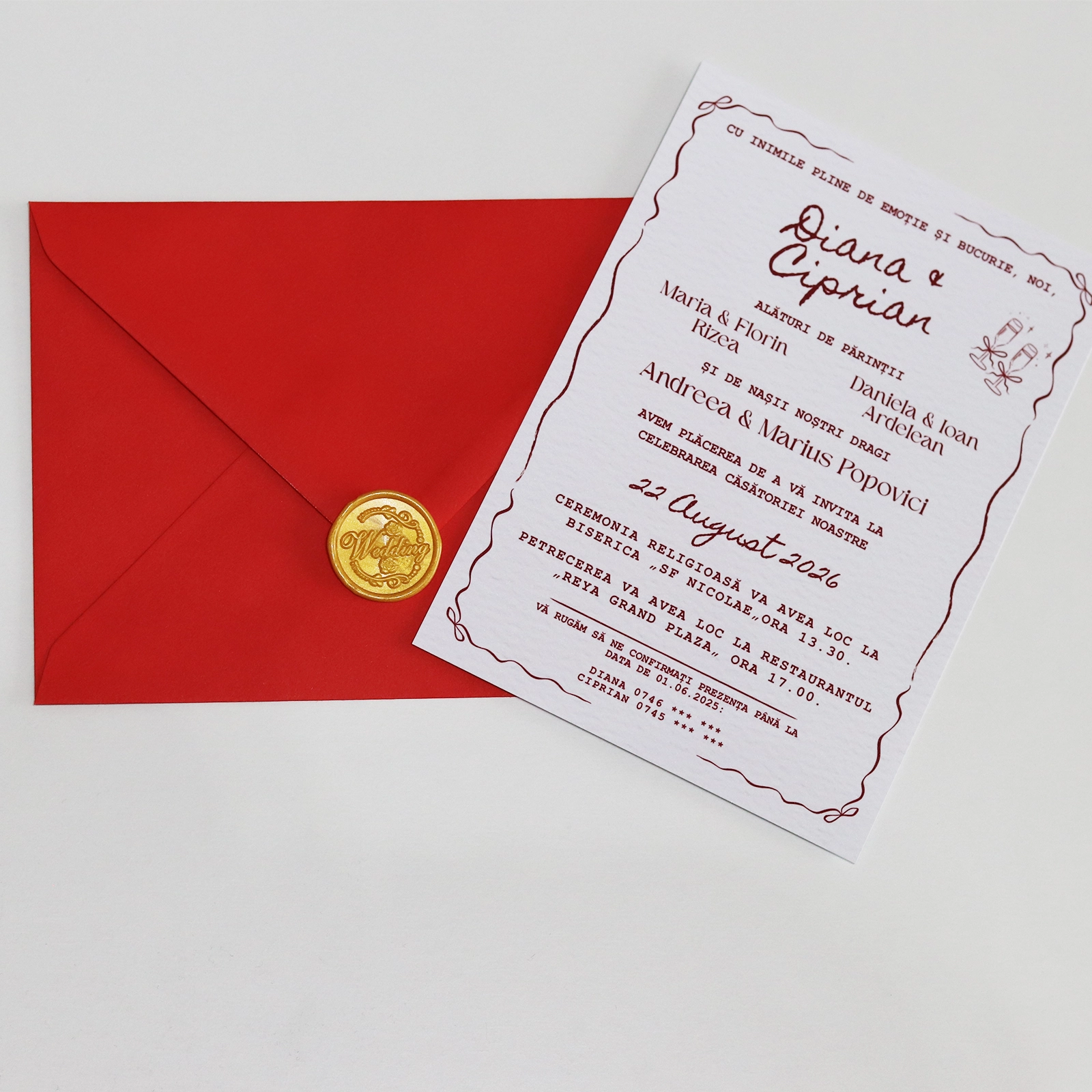 Nuntă - Invitație nuntă stil caligrafic cu plic roșu