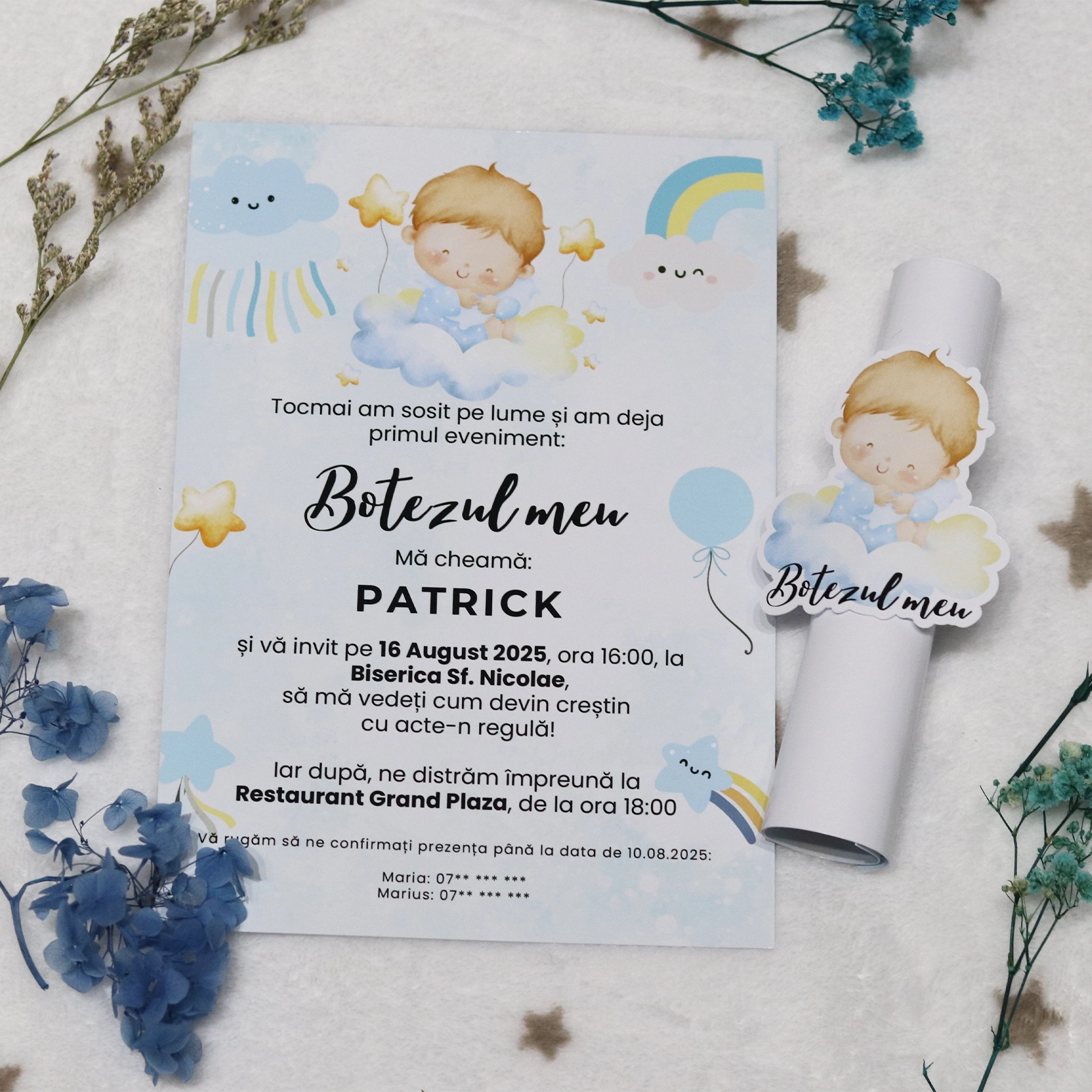 Invitații botez - Invitație papirus botez, albastră cu ilustrație