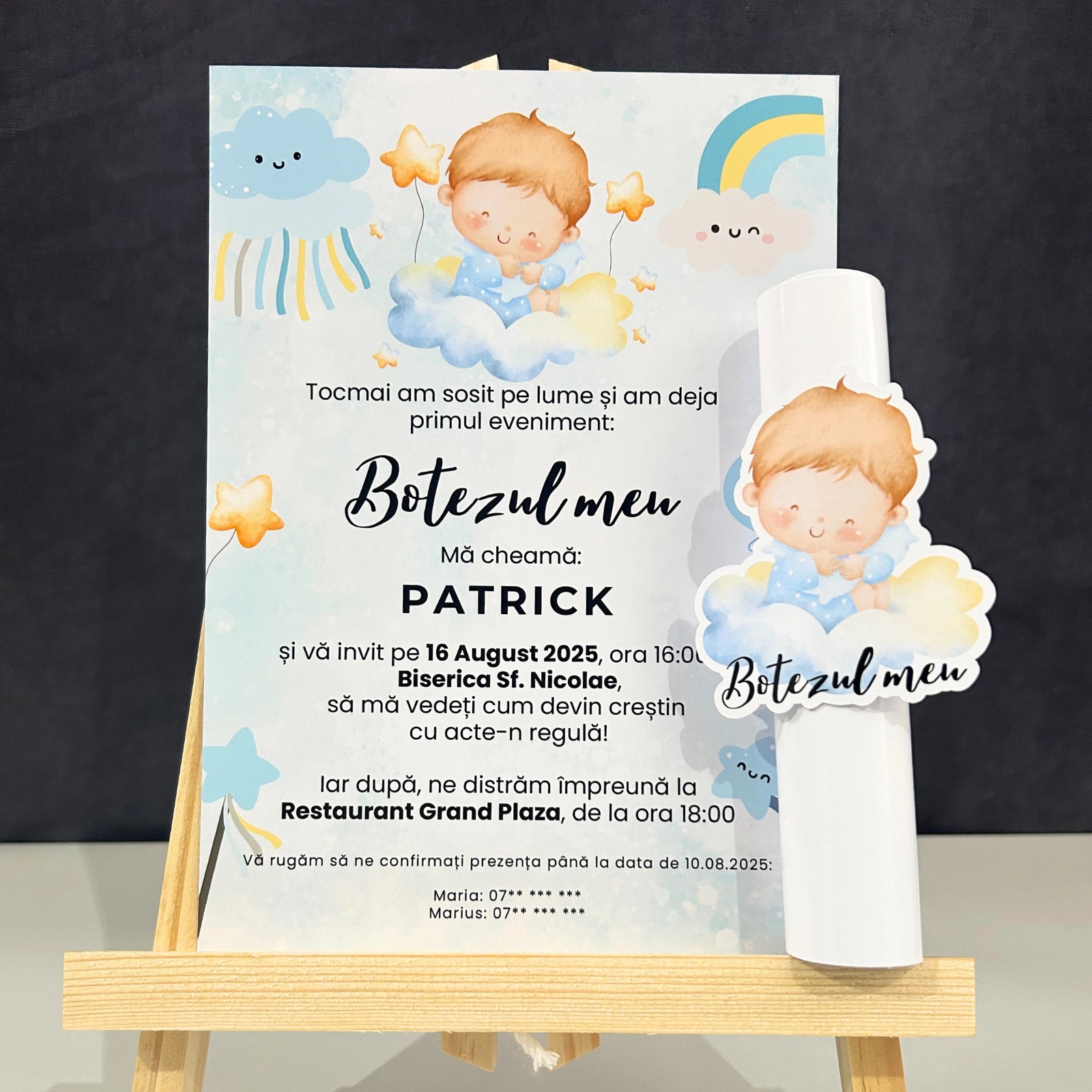 Invitații botez - Invitație papirus botez, albastră cu ilustrație