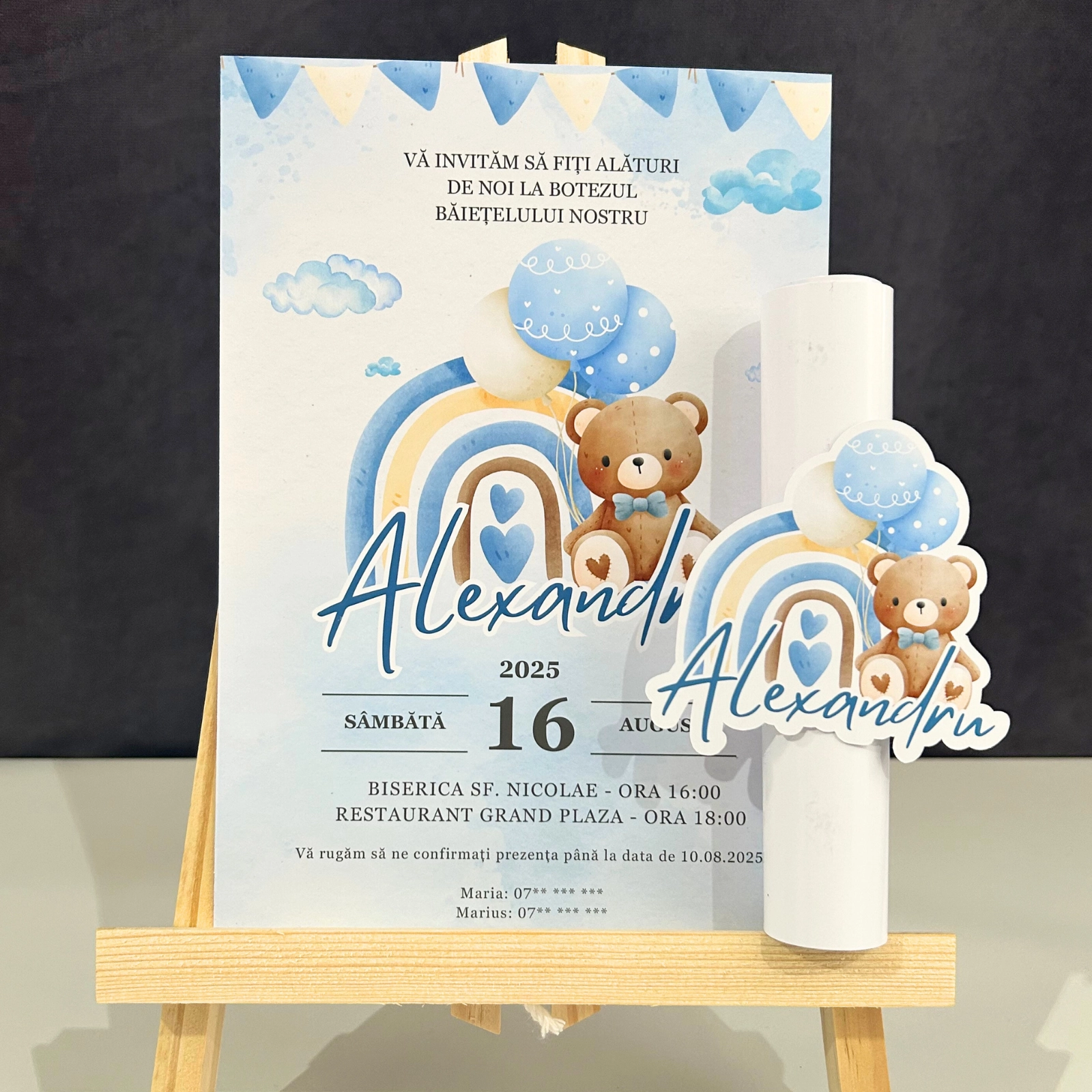 Invitații botez - Invitație papirus botez, albastră cu ursuleț