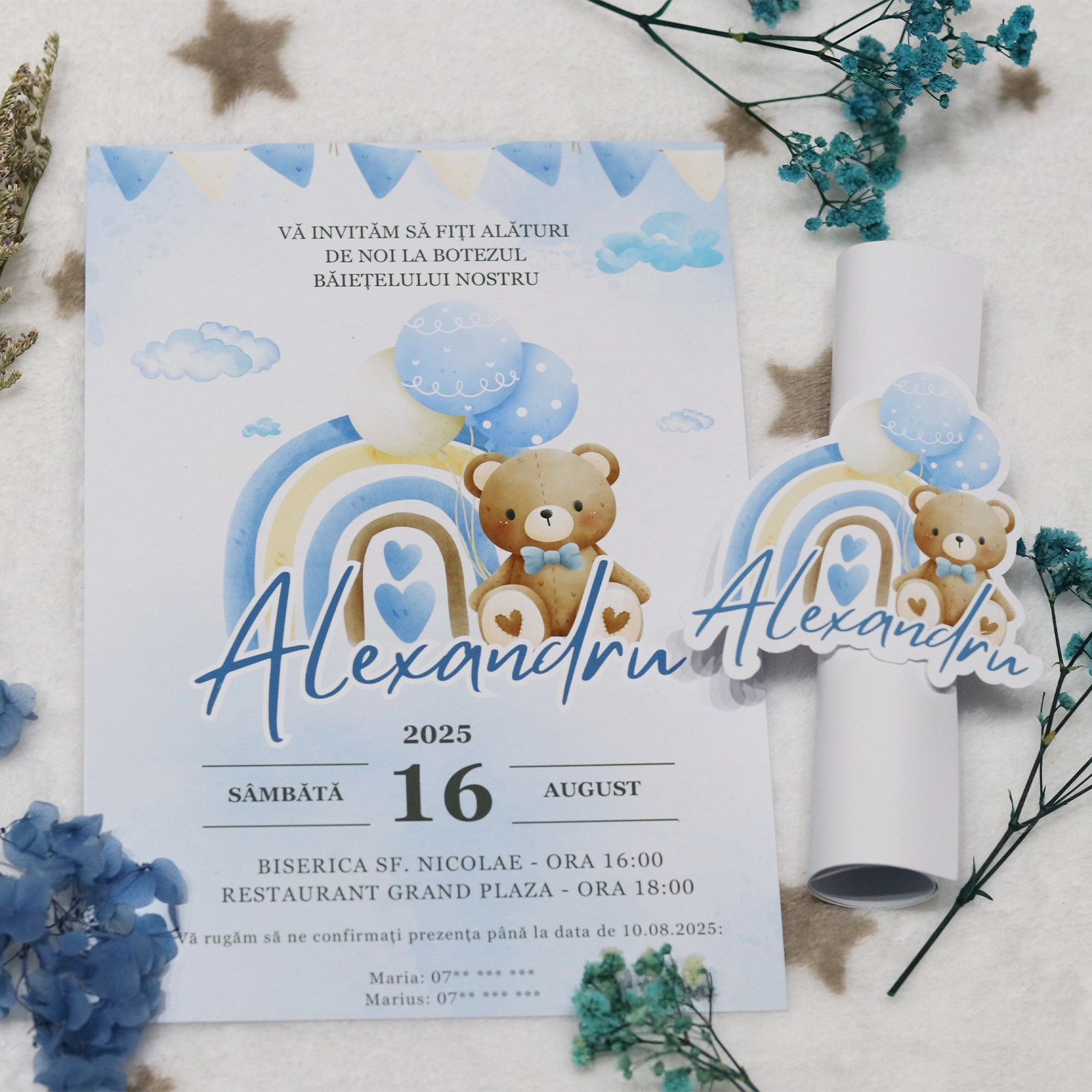 Invitații botez - Invitație papirus botez, albastră cu ursuleț