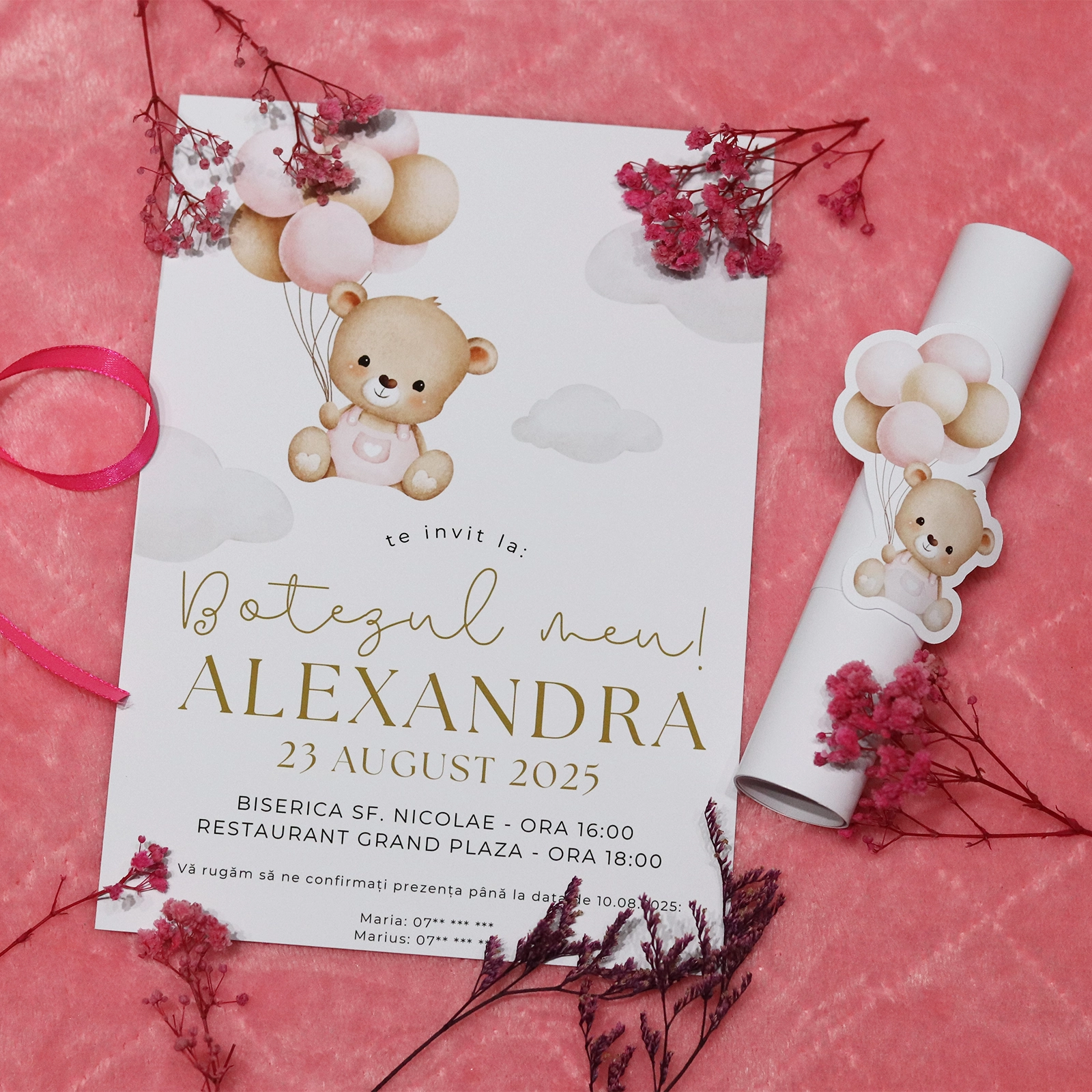 Invitații botez - Invitație papirus botez cu ursuleț și baloane