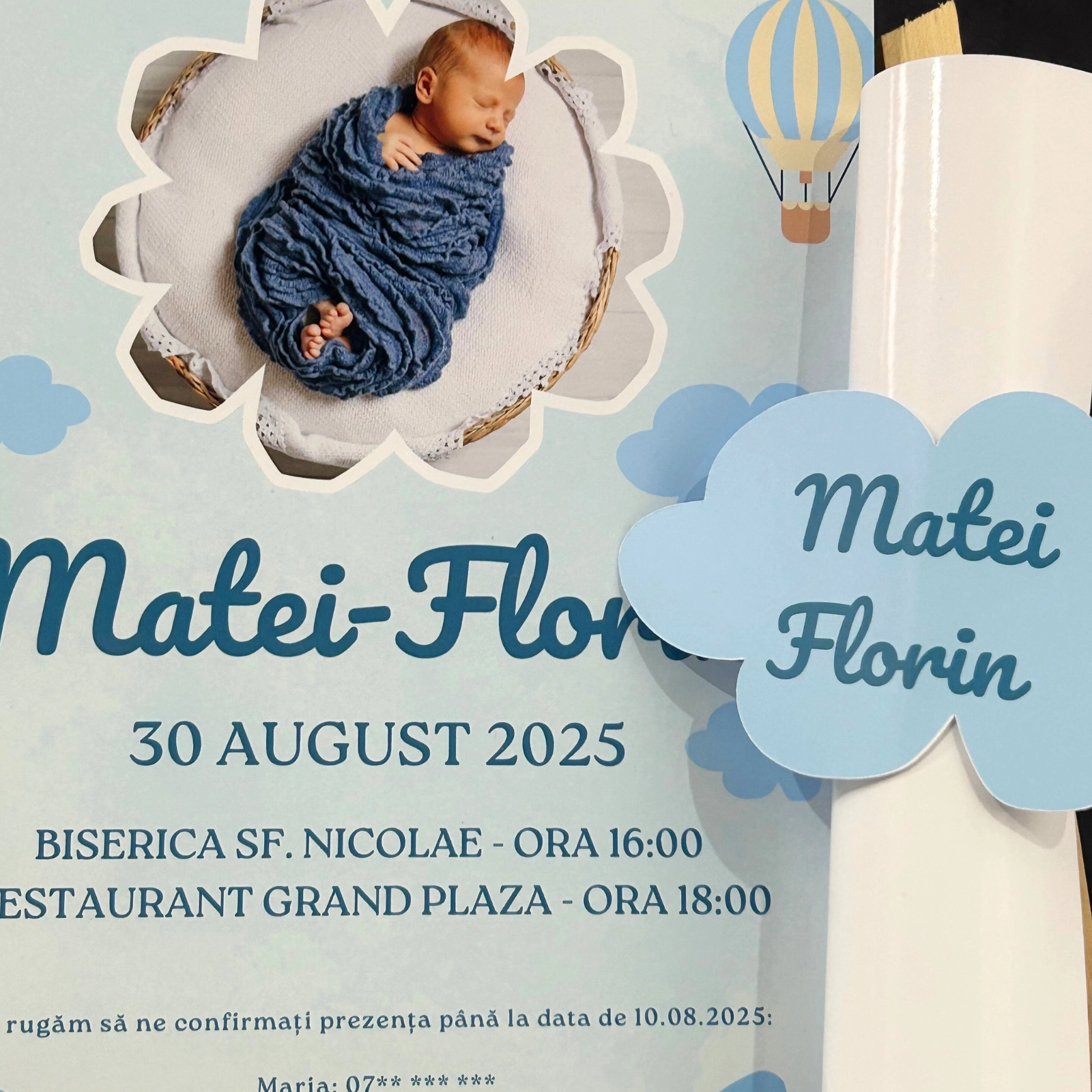 Invitație papirus botez, model albastru cu poză [1]