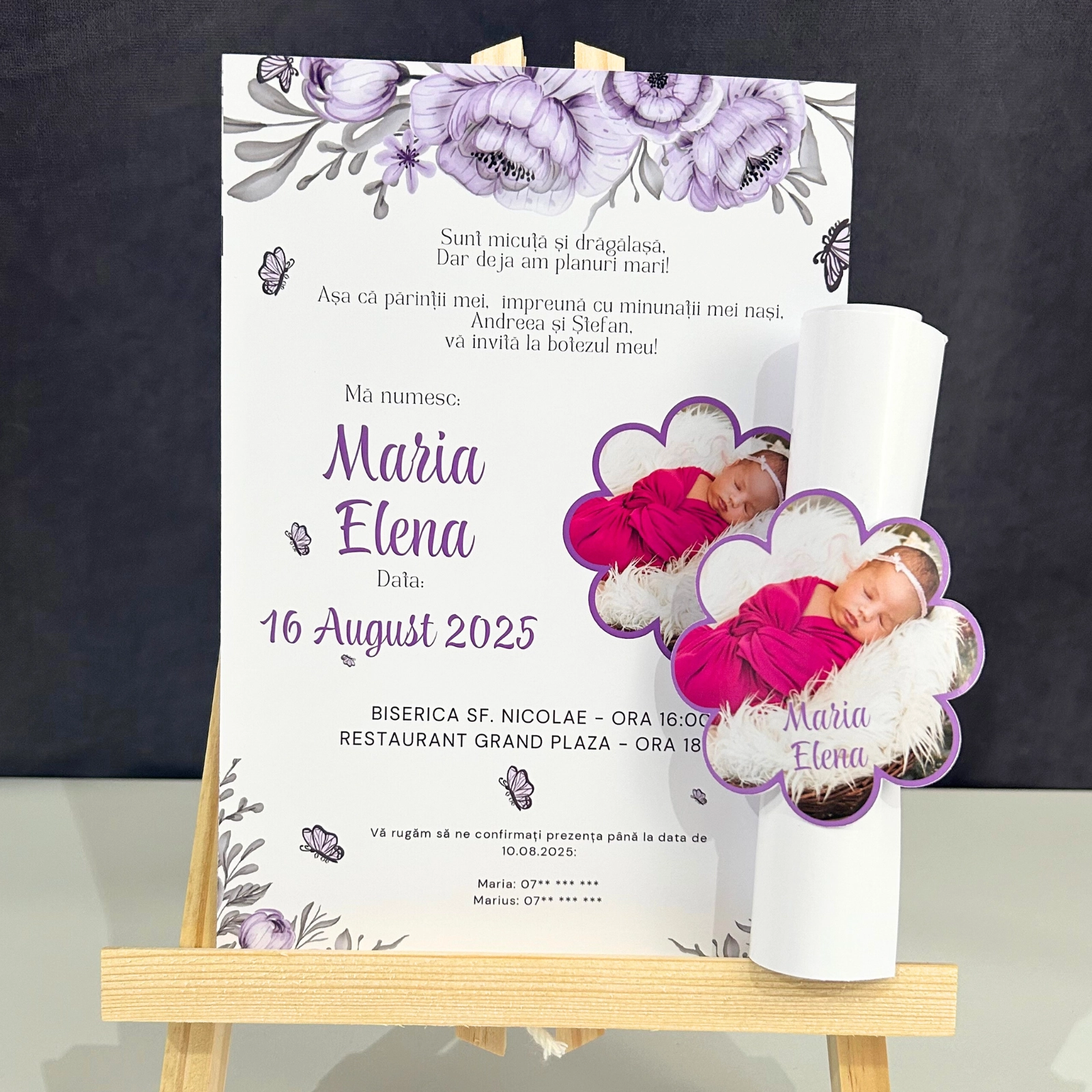 Invitații botez - Invitație papirus botez, mov cu poză