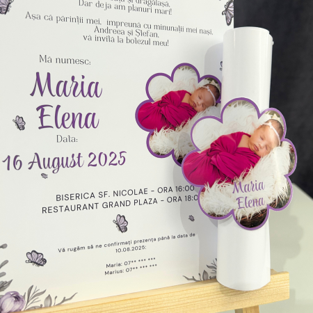 Invitație papirus botez, mov cu poză [3]