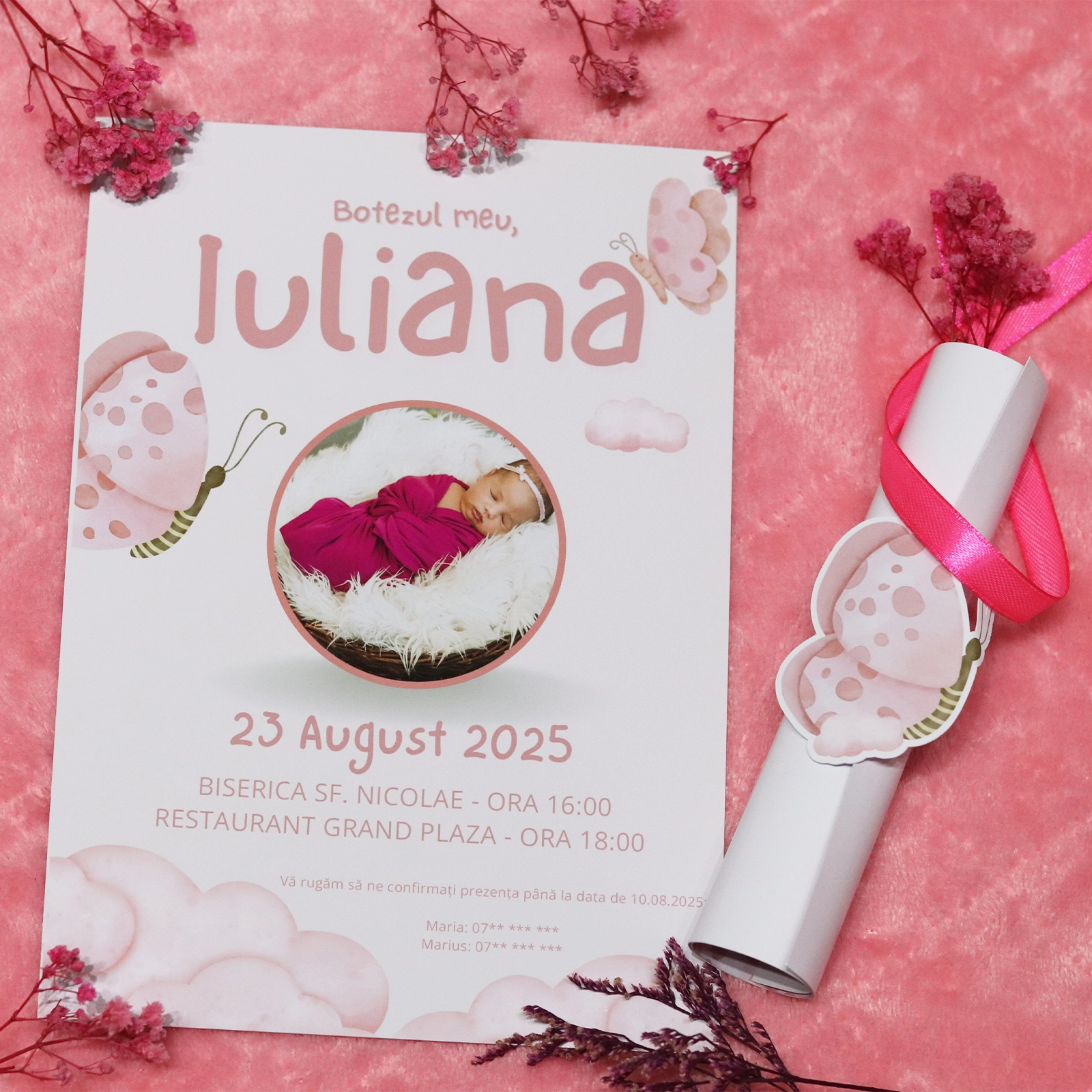 Invitații botez - Invitație papirus botez, roz cu fluturi