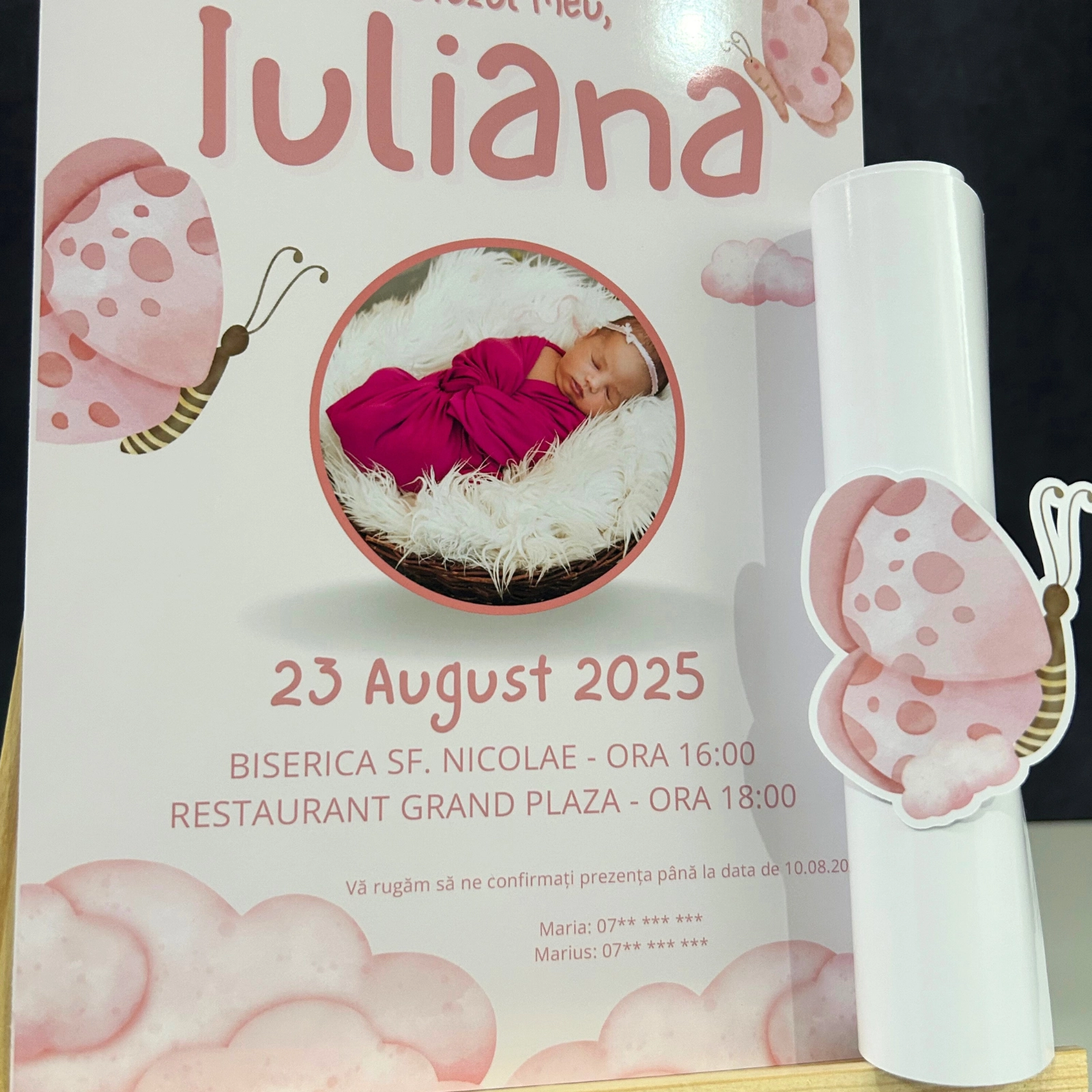Invitație papirus botez, roz cu fluturi [1]