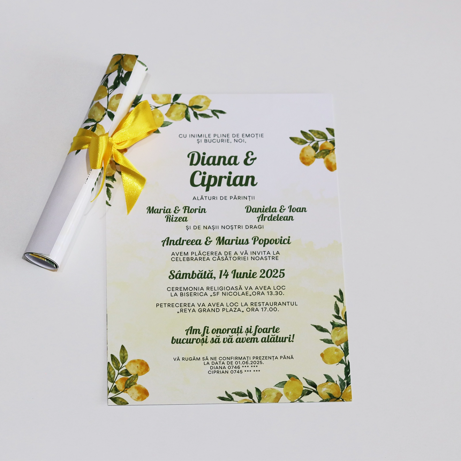 Invitații nuntă - Invitație papirus nuntă cu lămâi
