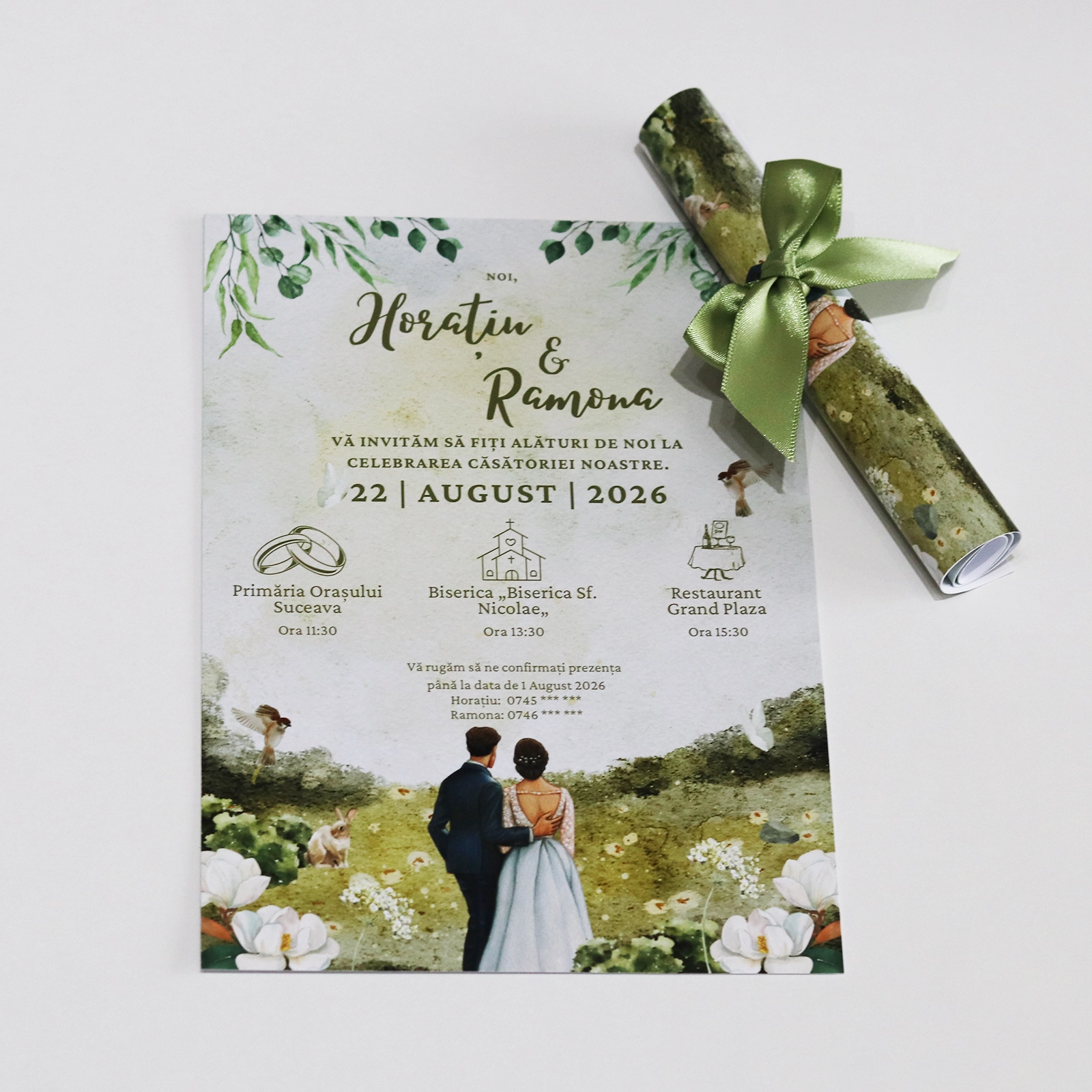 Invitații nuntă - Invitație papirus nuntă cu miri