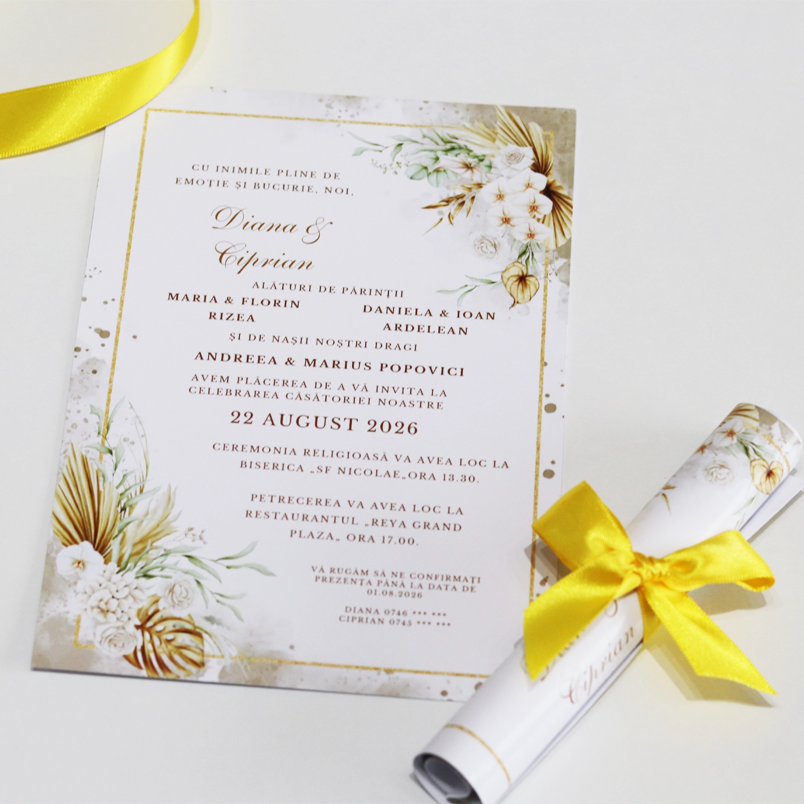 Invitații nuntă - Invitație papirus nuntă, model floral